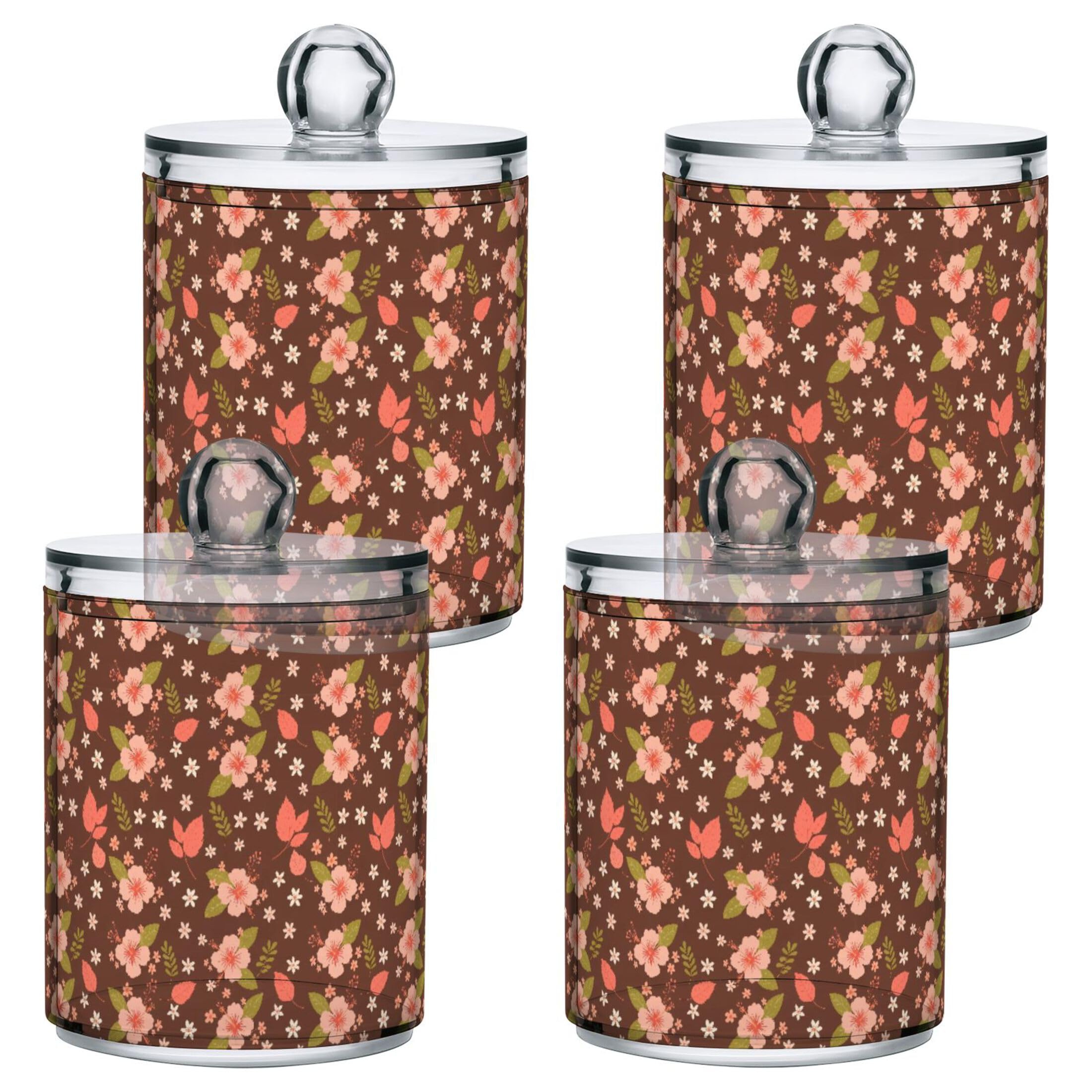 Fuauuyl Hibiscus Qtip Holder Dispenser 4 Pack Plastic Apothecary Jar Storage Organization Bathroom Vanity Makeup Storage Organization for Cotton Ball Swab Pad