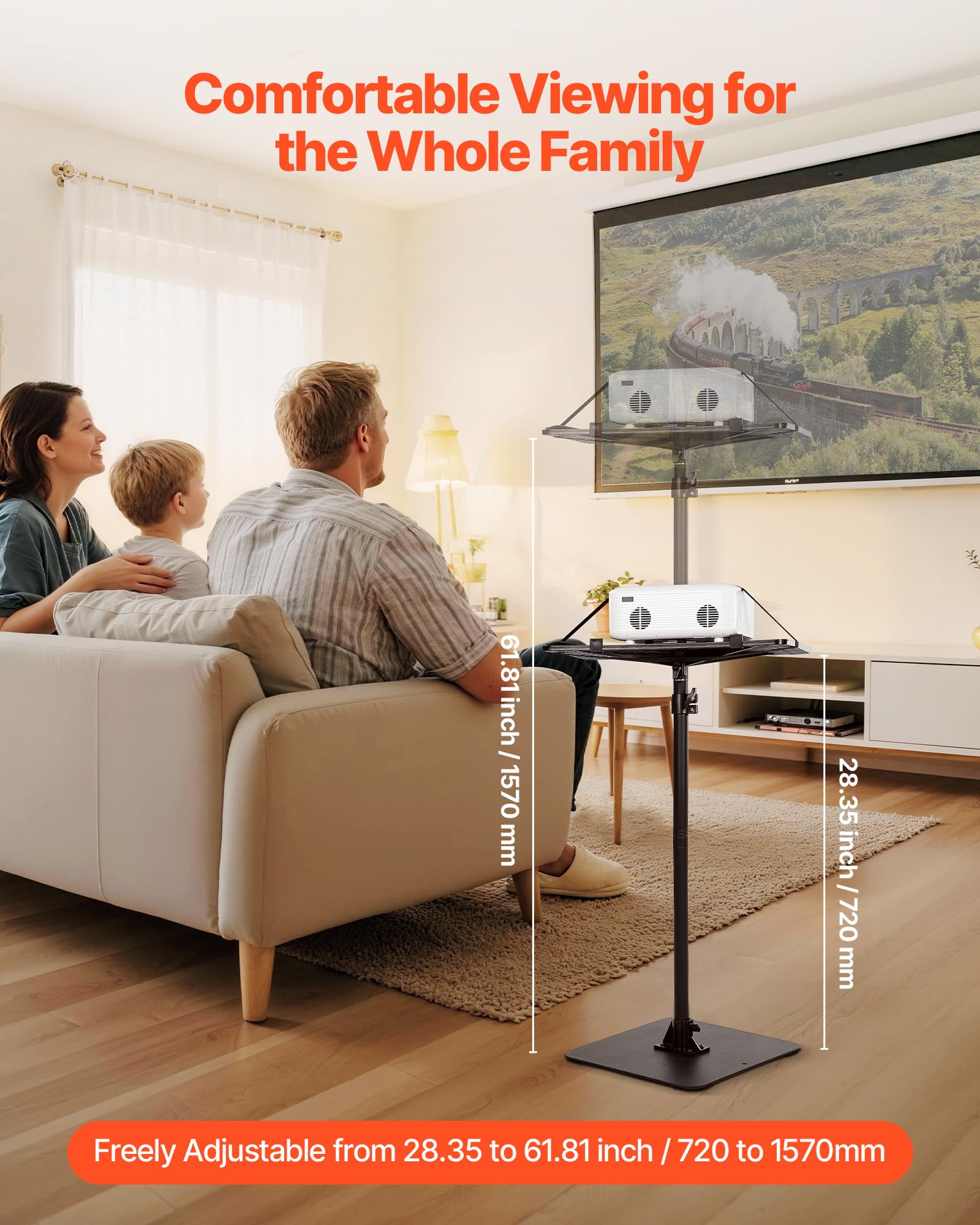VEVOR Supporto per Proiettore Mobile da Terra da 30 x 40 x 157 cm, Altezza Regolabile da 72 a 157 cm, Supporto da Pavimento Girevole a 360° per Proiettori, Multifunzionale per Film all'Aperto