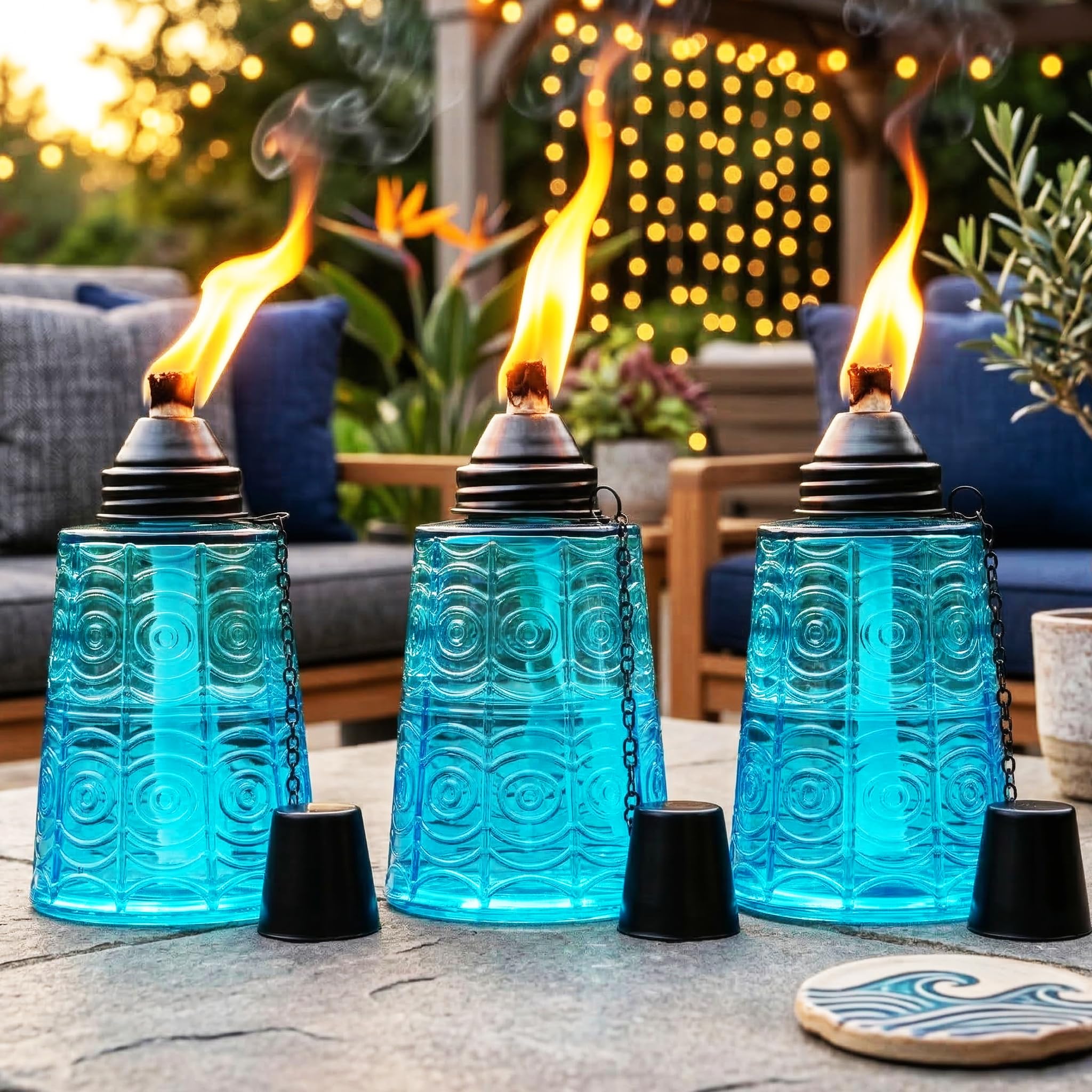 Seraphic Antorchas de mesa de citronela para patio al aire libre, antorcha de cristal decorativa de 16 onzas, velas de citronela para terraza exterior, jardín, fiestas, juego de 3, azul