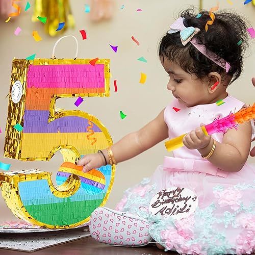 Miniatura 7 de Piñata arcoíris número 5 para decoraciones de fiesta de cumpleaños de 5 años, piñata de cumpleaños con palo y confeti, celebración de aniversario