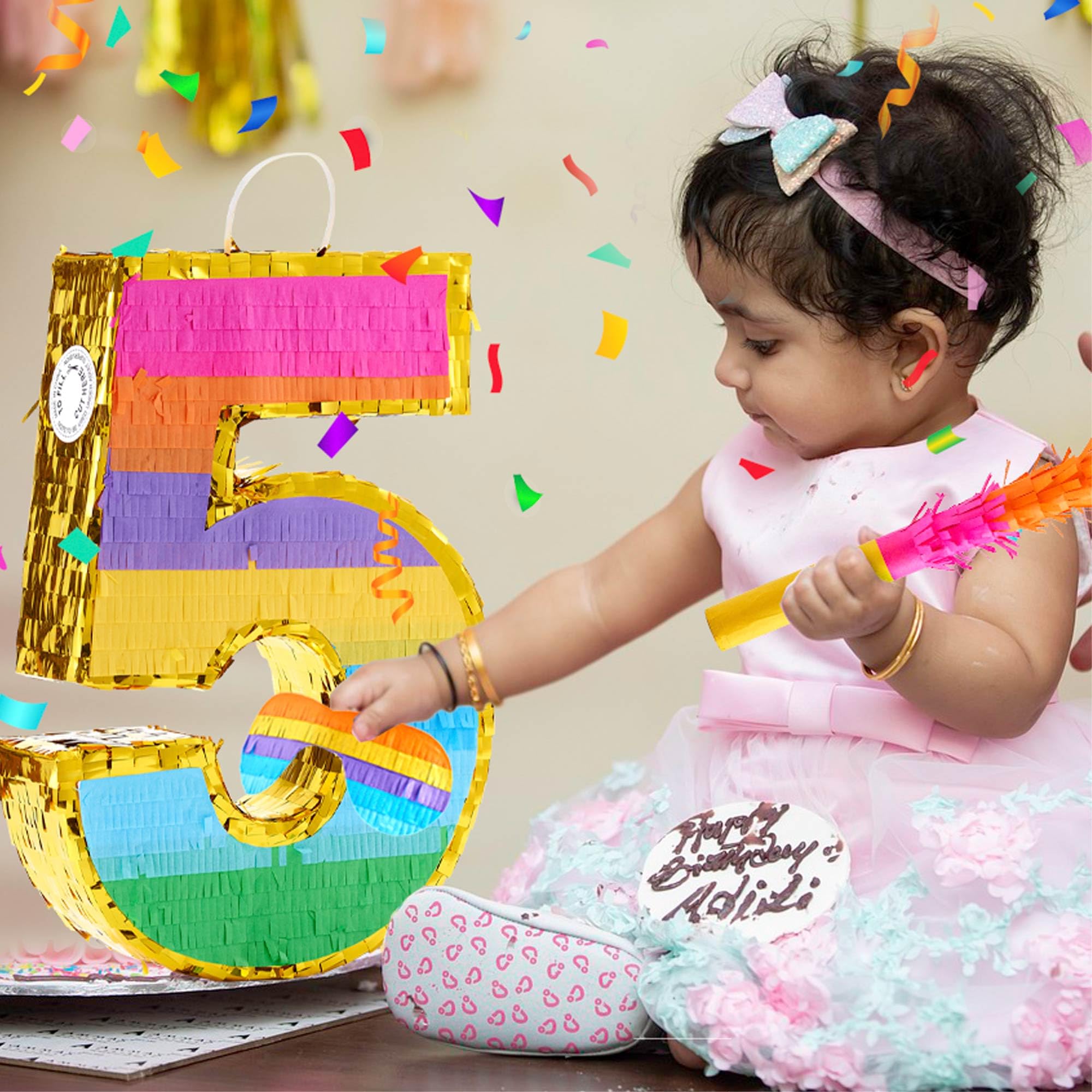 Rainbow Number 5 Pinata for 5th Birthday Party Decorations, Birthday Pinata with Stick Blindfold and Confetti, Kids Anniversary Celebration, Fiesta (Small, 16.5 x 11.5 x 3 In)
