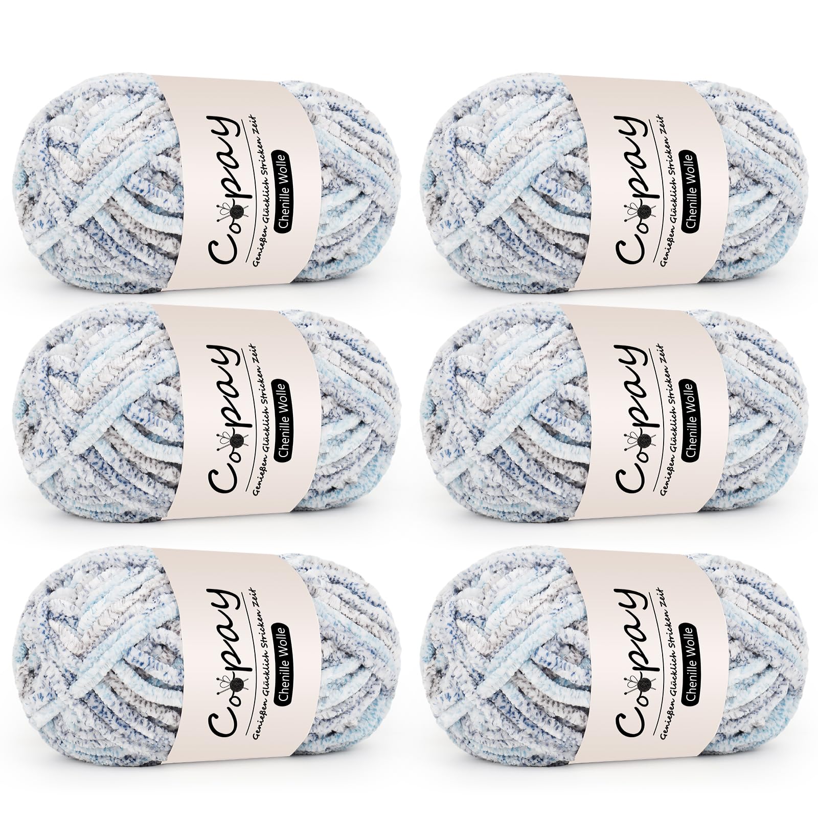 Coopay Chenille Wolle zum Häkeln, 6x100g Weiche Samtig Chenillegarn, Flauschige Dicke Wolle zum Stricken, Warme Plüschwolle Häkelgarn für Decken, Schals, Mützen