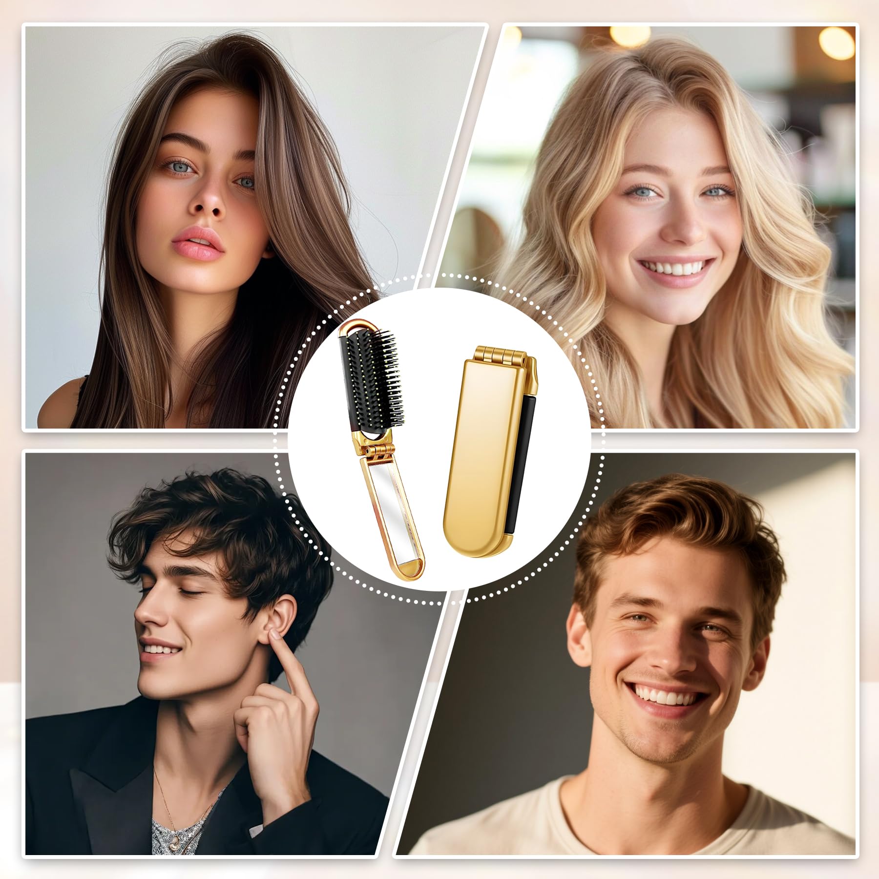 YPYMOD Spazzola per Capelli da Viaggio con Mini Specchio, Pieghevoli Spazzola Pettine per Massaggi Strumenti compatti per Lo Styling dei Capelli per Palestra, Viaggi, Borsa, Nuoto(Oro)