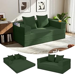 MeMoreCool 4-in-1 Boneless Couch, Umwandelbares Schlafsofa mit Armlehnen, Faltbare Matratze und Schlafsessel, Bequemes Schlafcouch für Wohnzimmer und Schlafzimmer als Lounge oder Gästebett, Grün