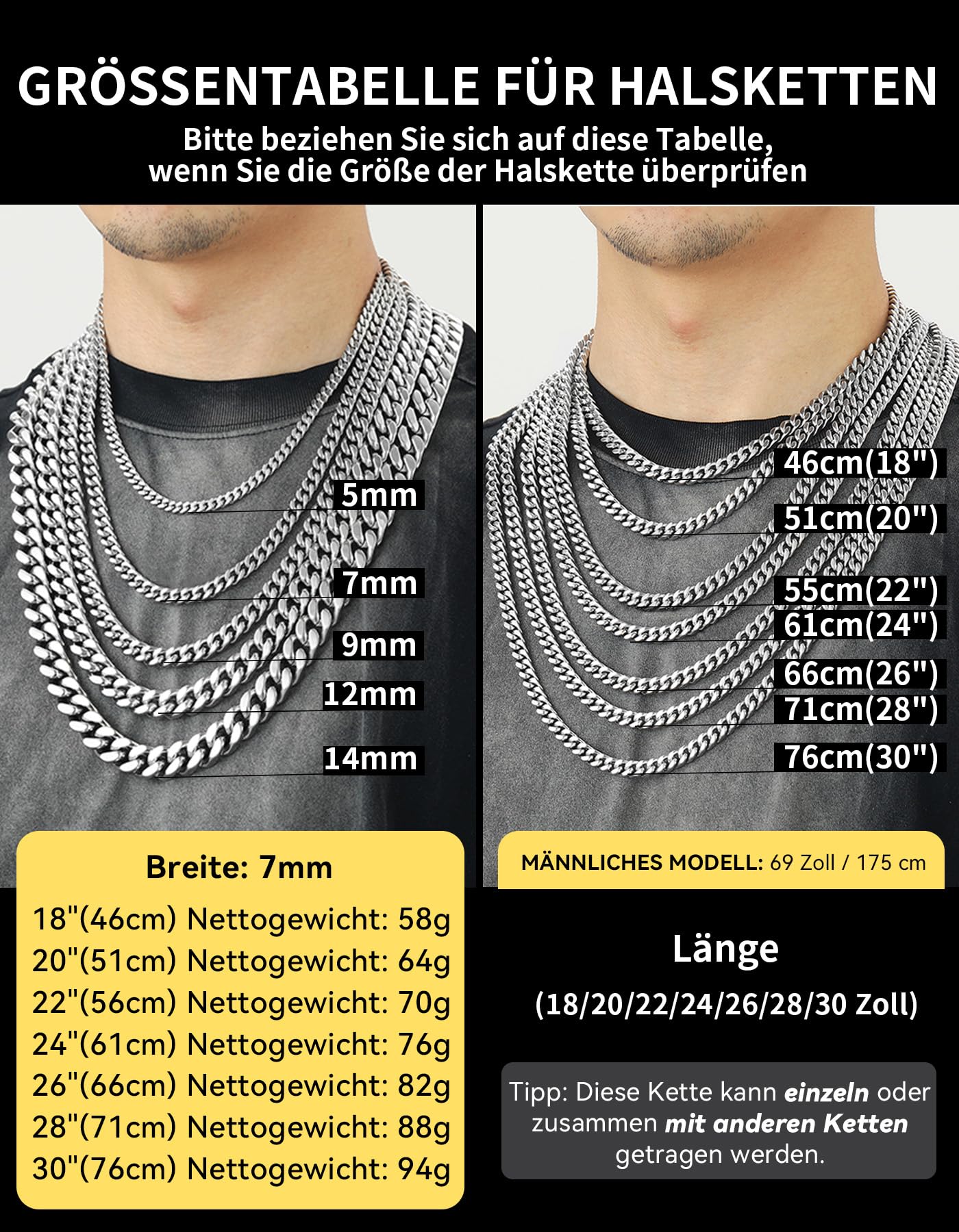 ChainsHouse Panzerkette Edelstahl Miami Halskette 5/7/9/12mm Silber Gold Schwarz Kubanische Kette 46-76cm