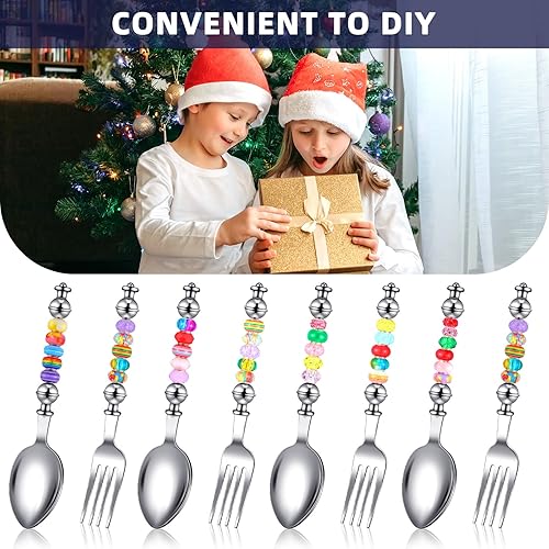 Miniatura 7 de Lasnten Juego de 6 tenedores de cuchara con cuentas con 50 cuentas surtidas de agujeros grandes, cucharas y tenedores decorativos de acero