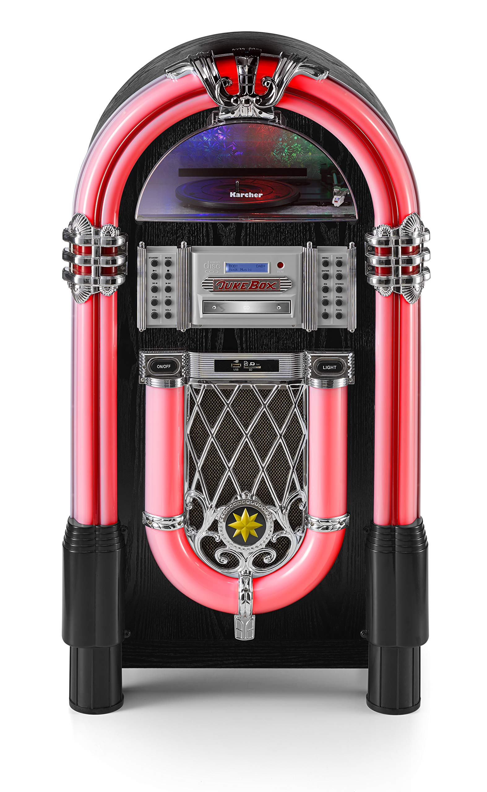 Karcher JB 6608D Jukebox (mit Plattenspieler - CD-Player und Bluetooth Audio Streaming, UKW und DAB+ Radio mit Senderspeicher, MP3-Wiedergabe via USB oder SD-Karte, Lightshow) schwarz