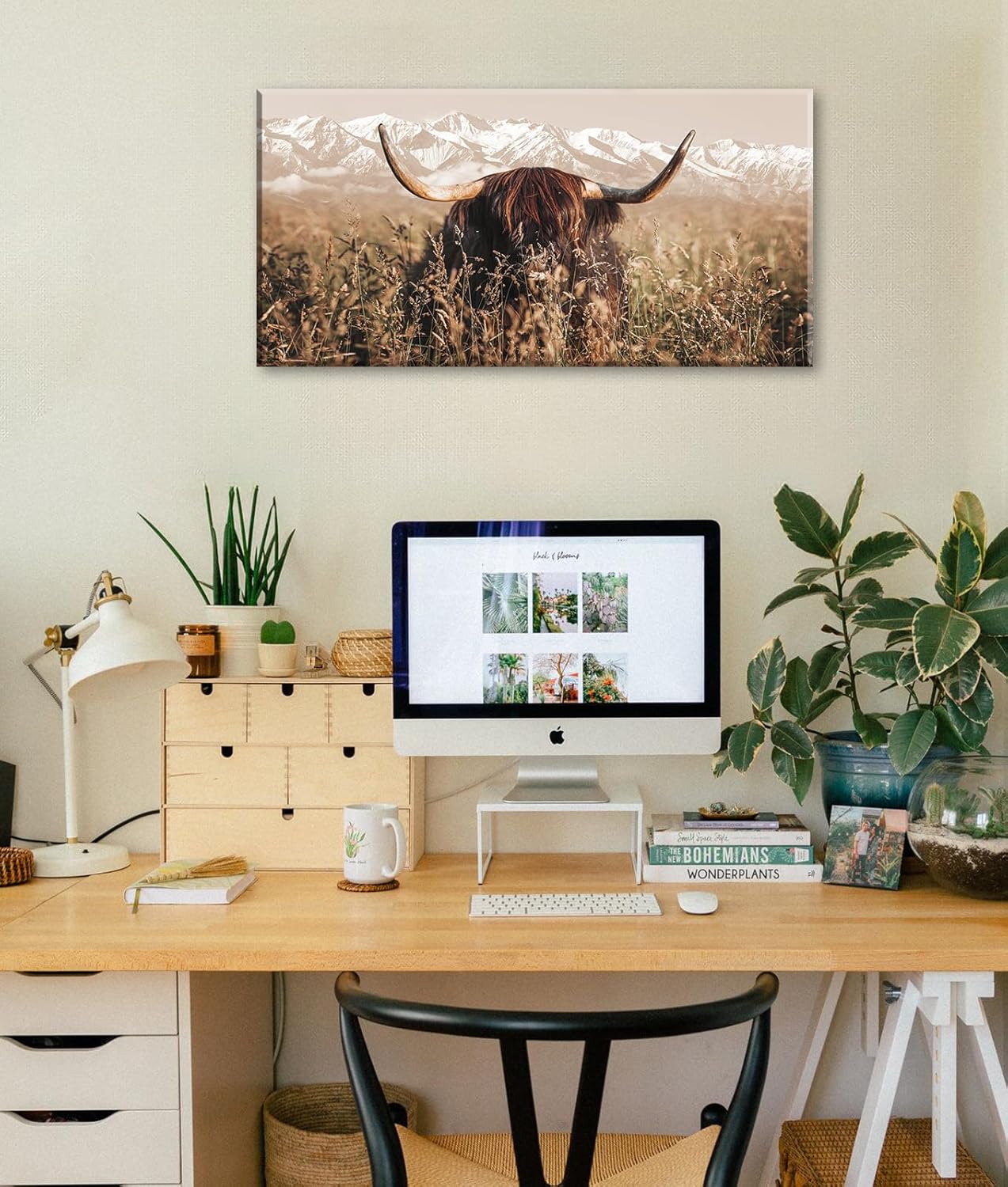 DJSYLIFE Highland Cow Wall Art Farmhouse Decor Canvas Printed Country Cow Pictures Western Rustic Modern Artwork Decorations for Bedroom Office Living Room Framed Ready to Hang 20" x 40"