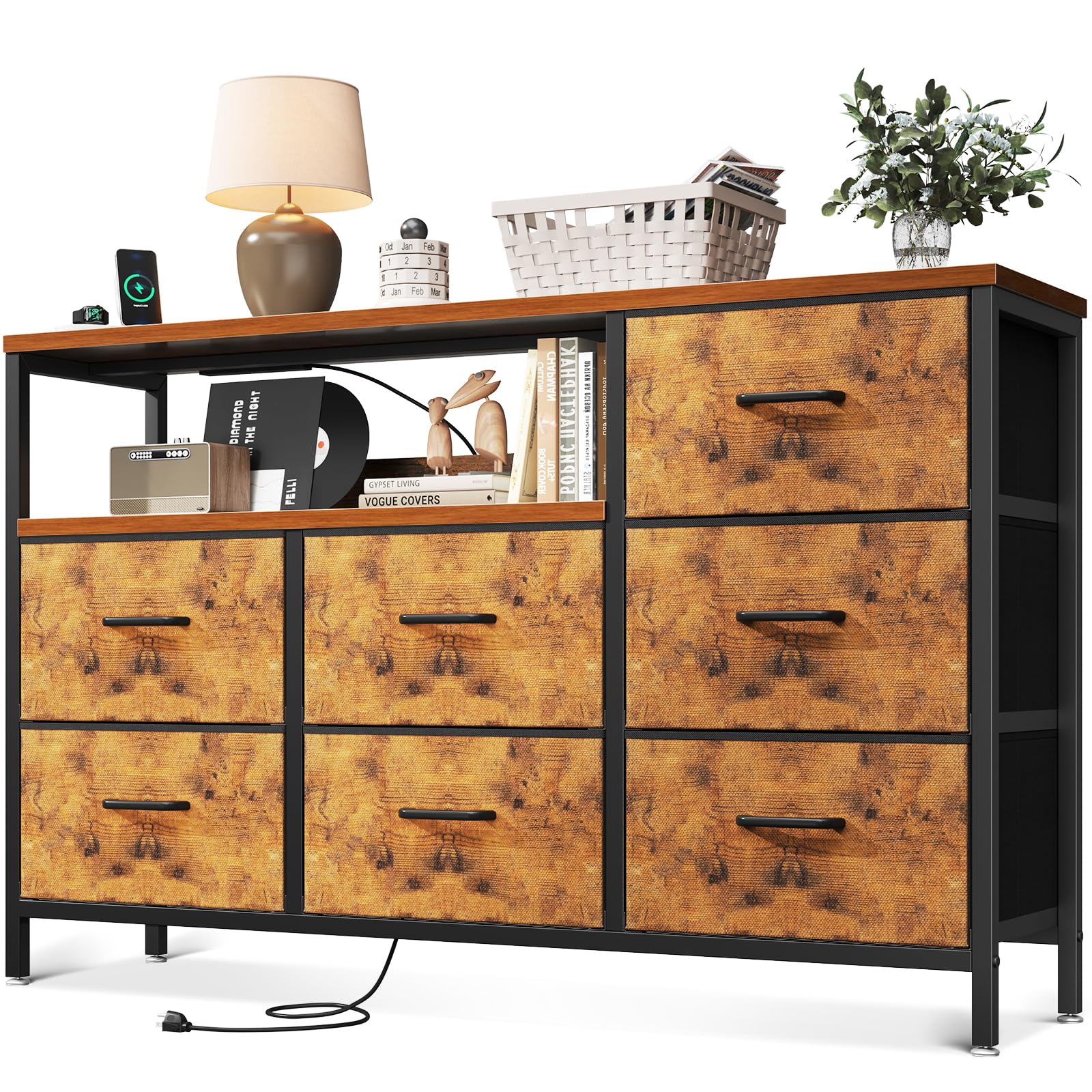 Amazon.com: AODK Cómoda con estación de carga, cómoda de 52 pulgadas de  largo para dormitorio con 7 cajones grandes de tela, soporte de TV con ...