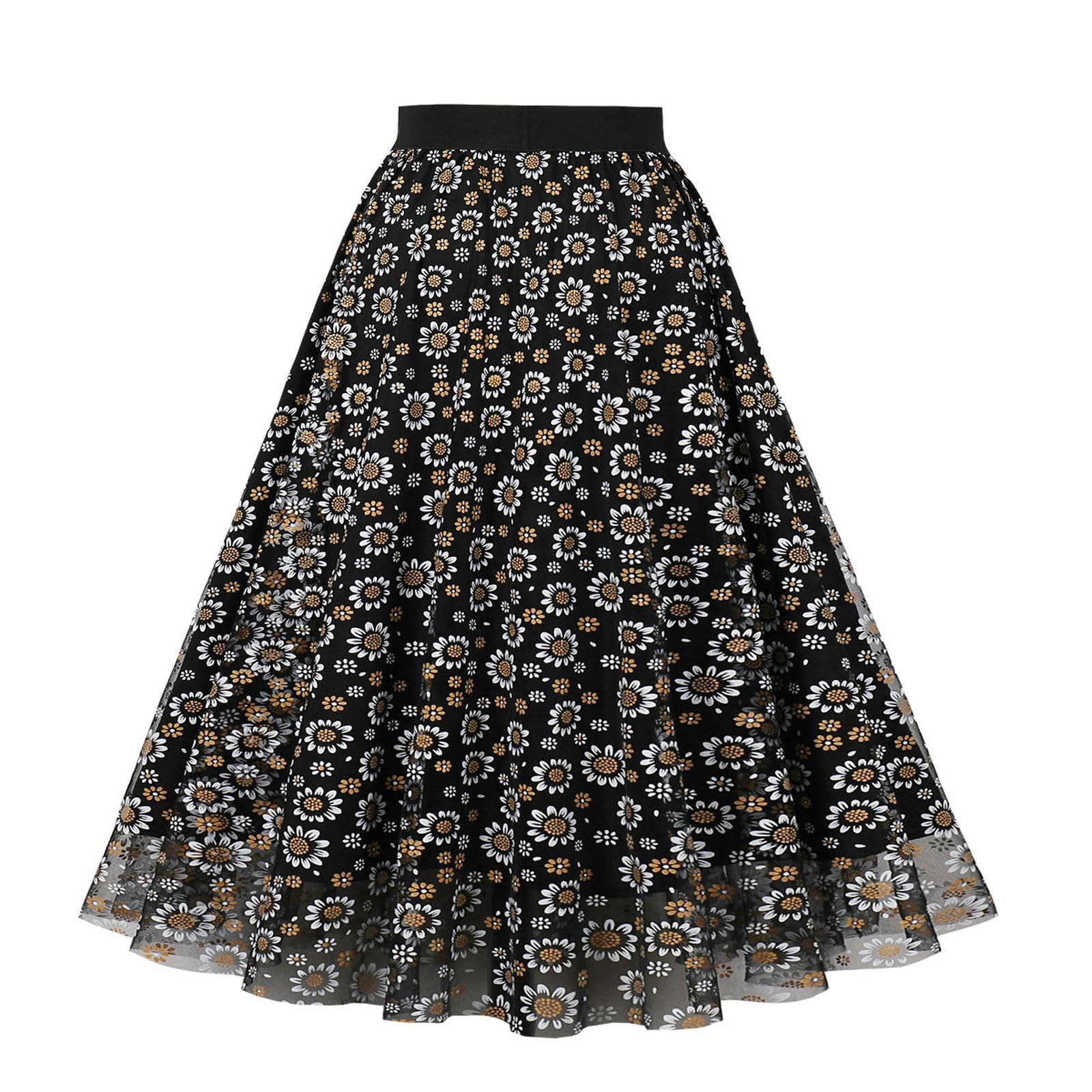 Jupe trapèze noire imprimée dissimulant les formes avec sa taille haute et son ourlet large