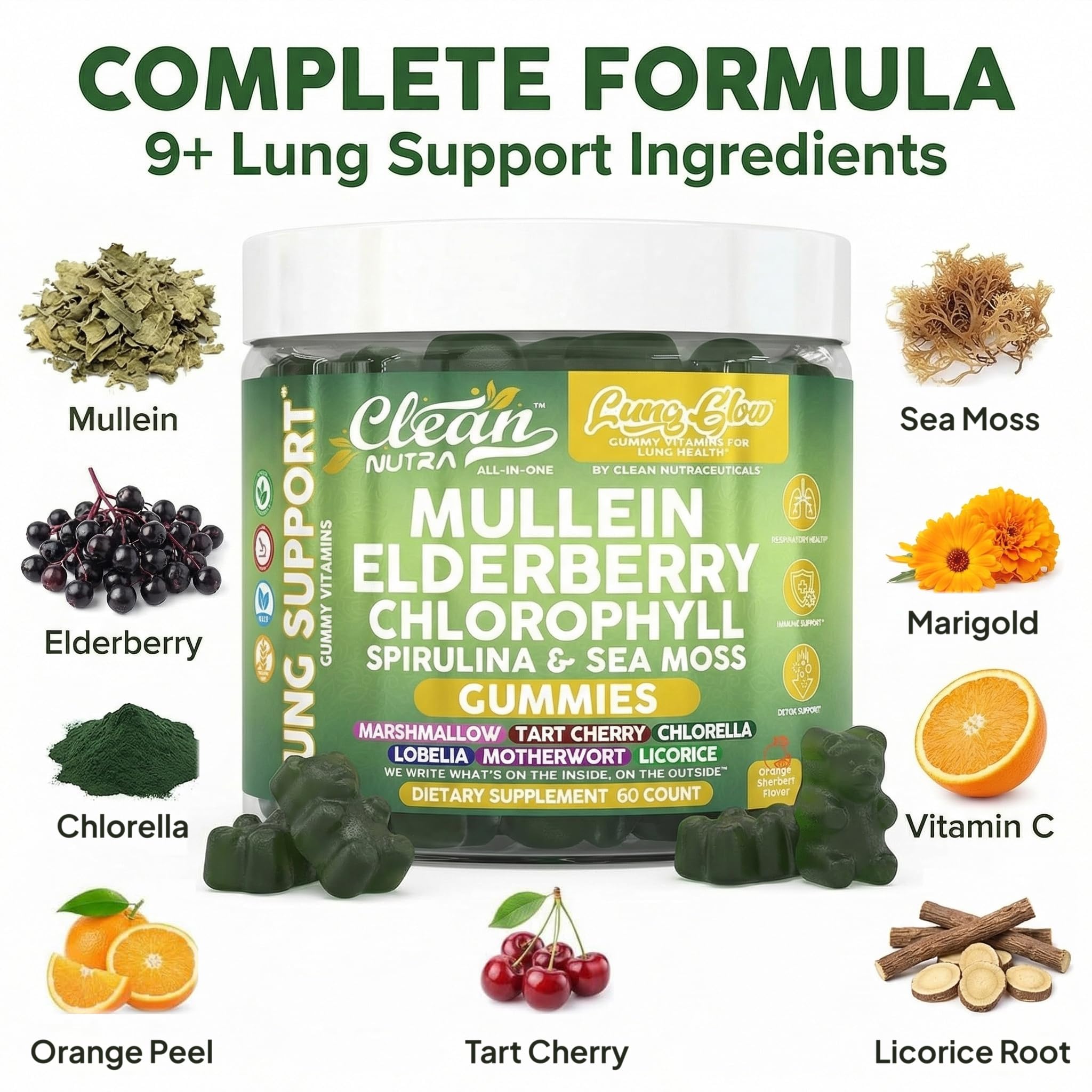Clean Nutra Mullein Gummies for Lung Health Support with Elderberry Chlorophyll Spirulina Tart Cherry Sea Moss Vitamin C Lutein Marshmallow Root Licorice Root Superfood Greens Mucus Relief 60 Gummies — Amazon image 4