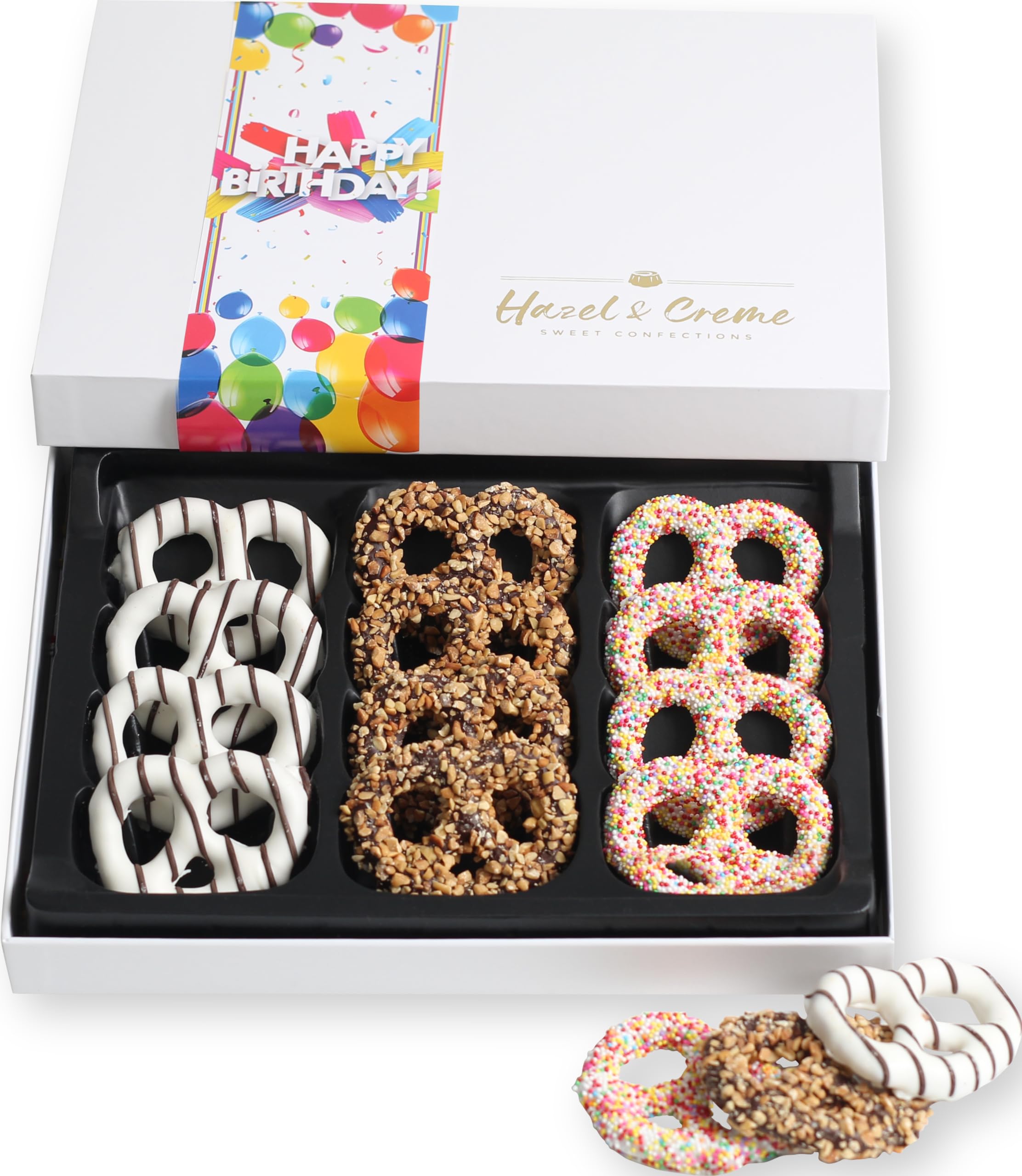 Hazel & CremeCovered Pretzels - Happy Birthday Pretzel Gift Box - Birthday Food Gifts - Gourmet Food Present