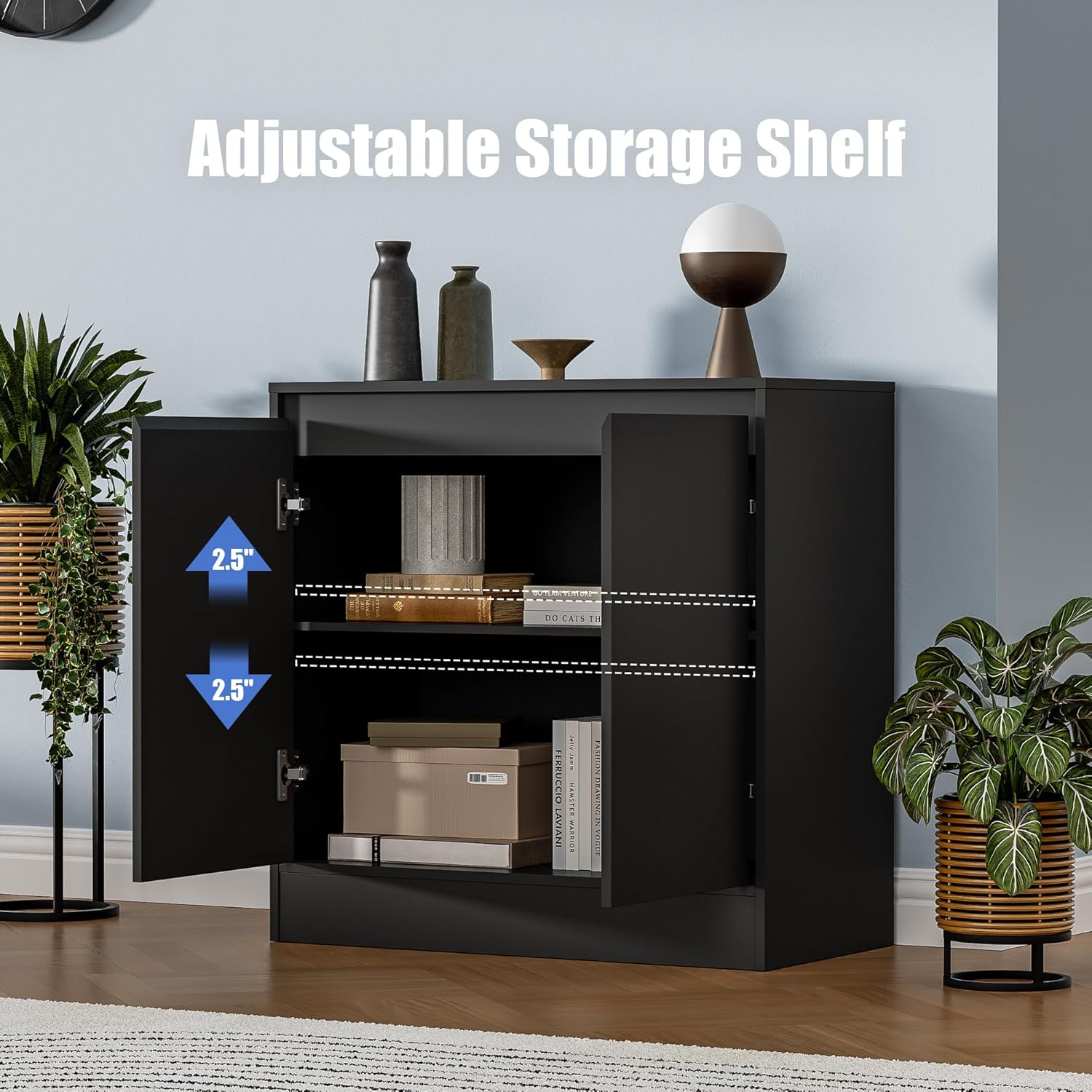 Cabinet interior with adjustable shelves