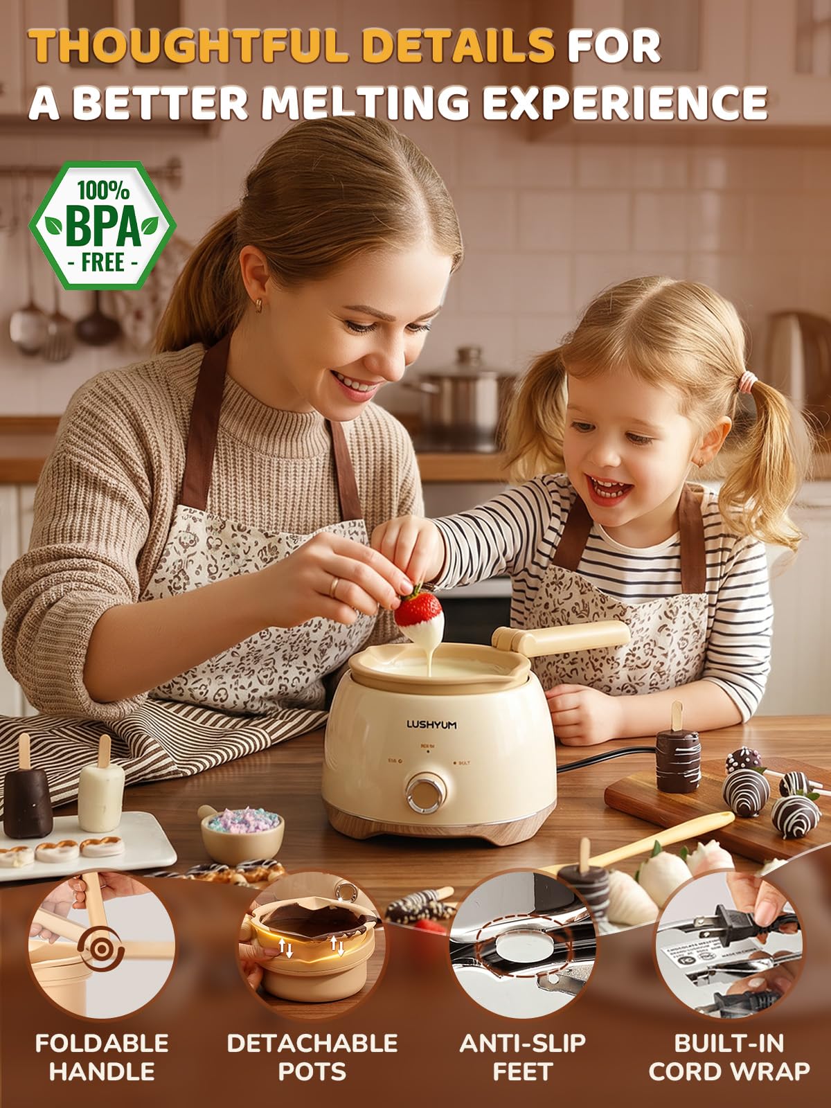 LUSHYUM Olla para derretir chocolate con 2 macetas de inserción, máquina calentadora de capacidad de 4 tazas, herramienta de inmersión ideal, suministros de cocina, regalo para hacer pasteles, fresas,