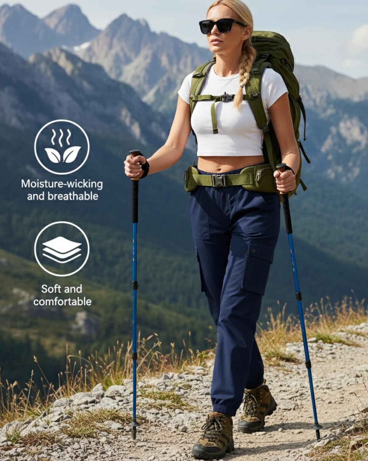 Women's Cotton Cargo Pants High Waist Adjustable Outdoor Hiking Pants with Pockets Stretch Travel Work Casual Pants