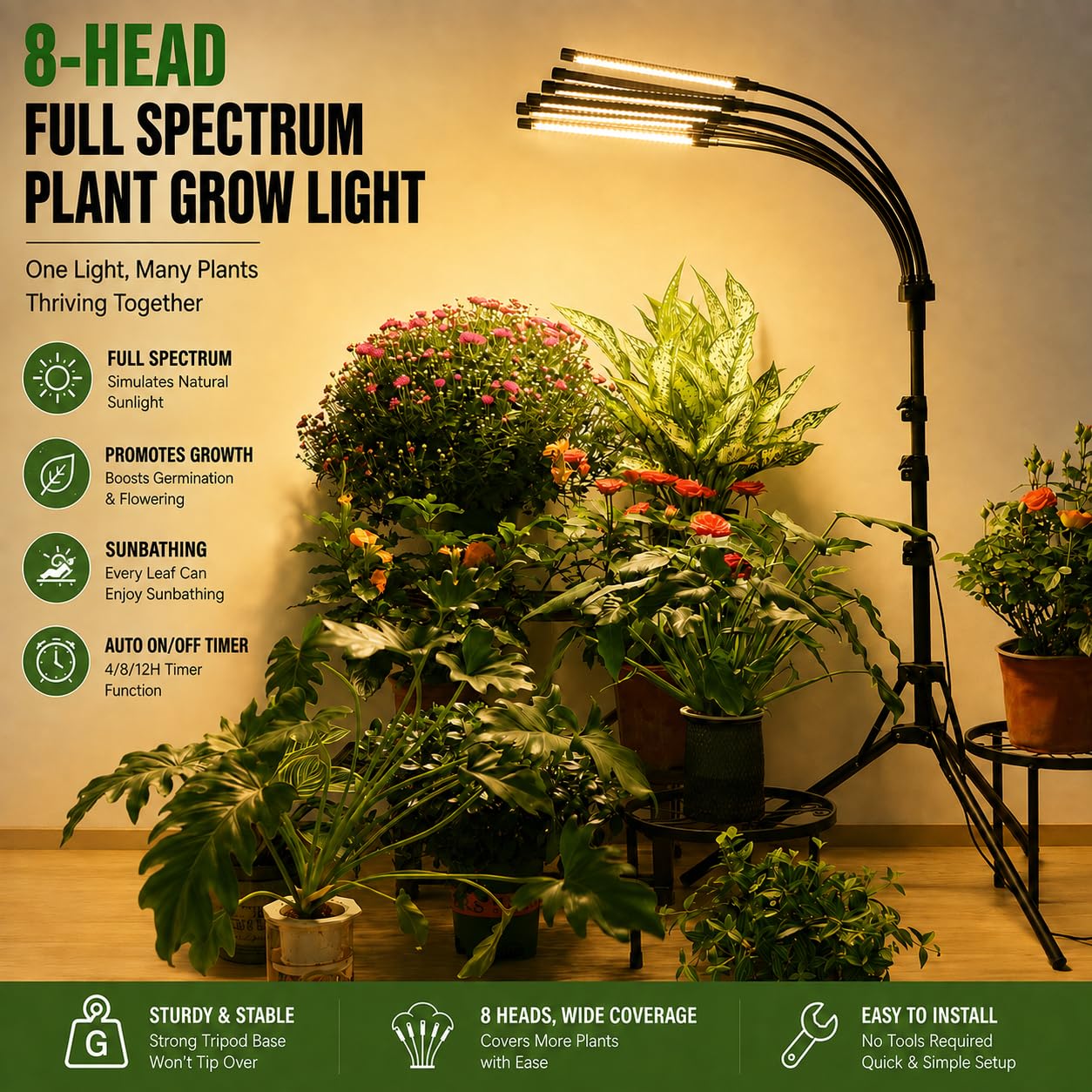 Luces de cultivo para plantas de interior, luz de crecimiento de espectro completo 8 en 1 para cultivo en interiores con soporte de trípode, sincronización de encendido/apagado automático 4/8/12