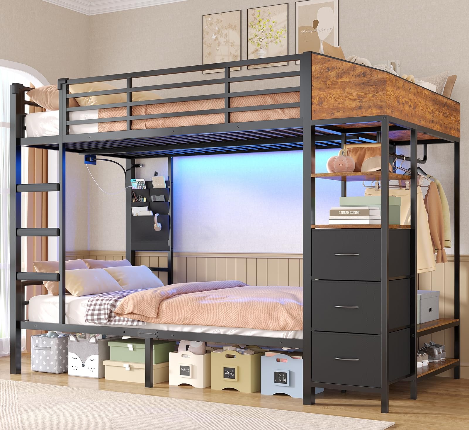 AOGLLATI Lit Superposé Enfant avec Éclairage LED et 4 Ports USB, Lit Mezzanine 2 Places avec 4 Étagères, Tringle, Sac, 3 Tiroirs et 2 Niche en Tissu, Lit Enfant 90x200 en Métal pour Familles Nombreux