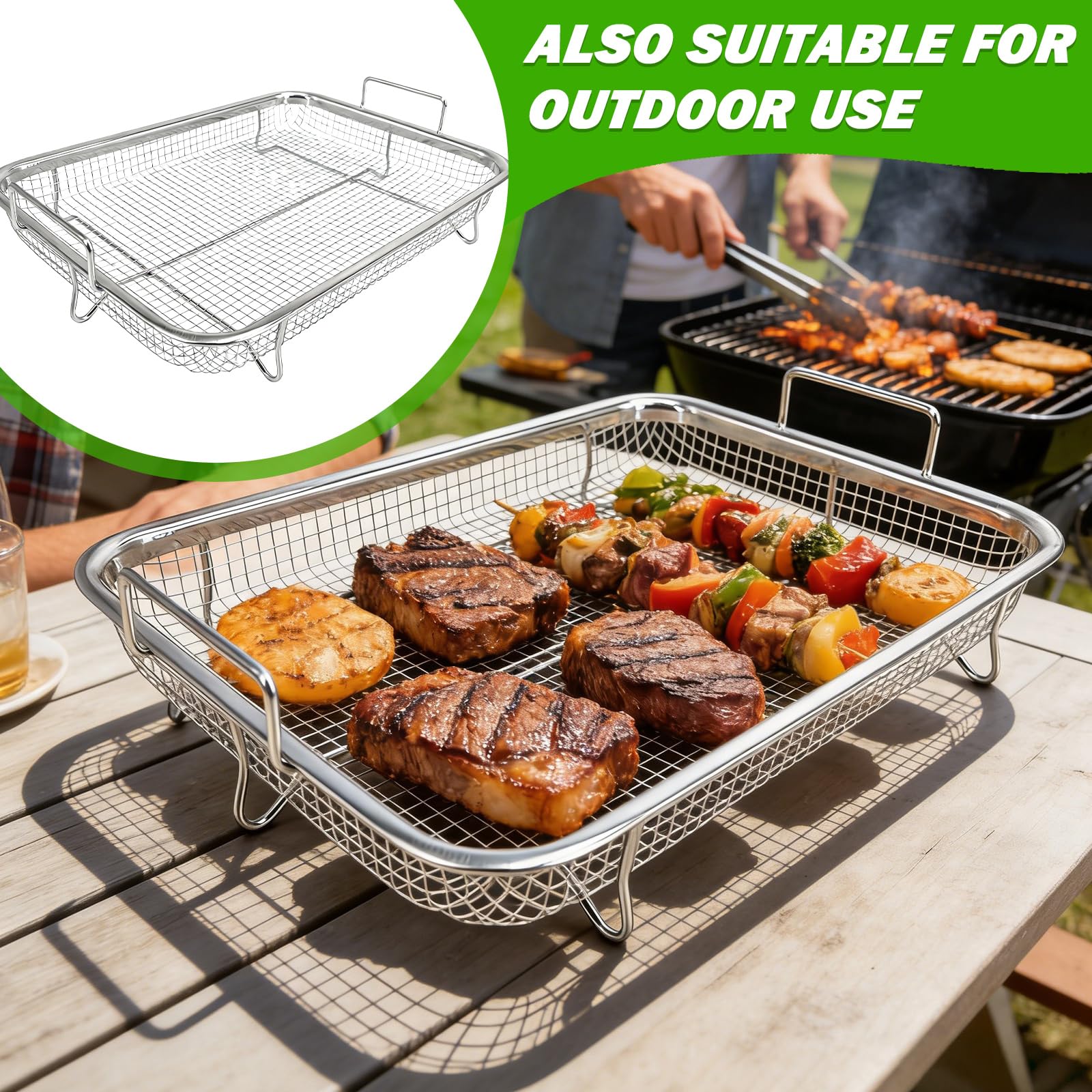 2 cestini per barbecue in acciaio inox con maniglia, cestino da forno, teglia con griglia di raffreddamento, per verdure pollo e pesce grigliare e raffreddare