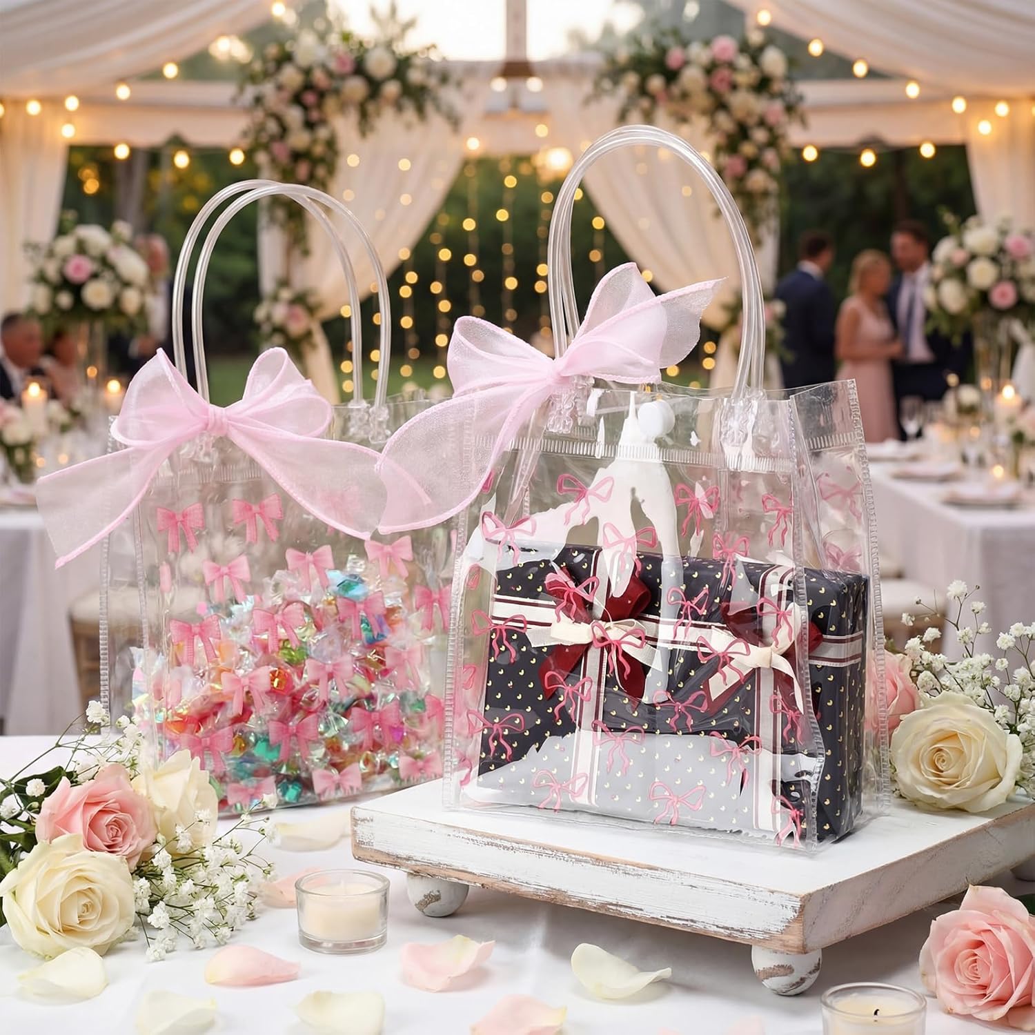 Kolldenn 48 Pcs Pink Bow Clear PVC Gift Bags with Handle Ribbon Reusable Pink Coquette Bowknot Goodies Treats Totes Bulk for Birthday Wedding Baby Shower Party Supplies, 5.9 x 6.3 x 2.8 Inch - Image 3