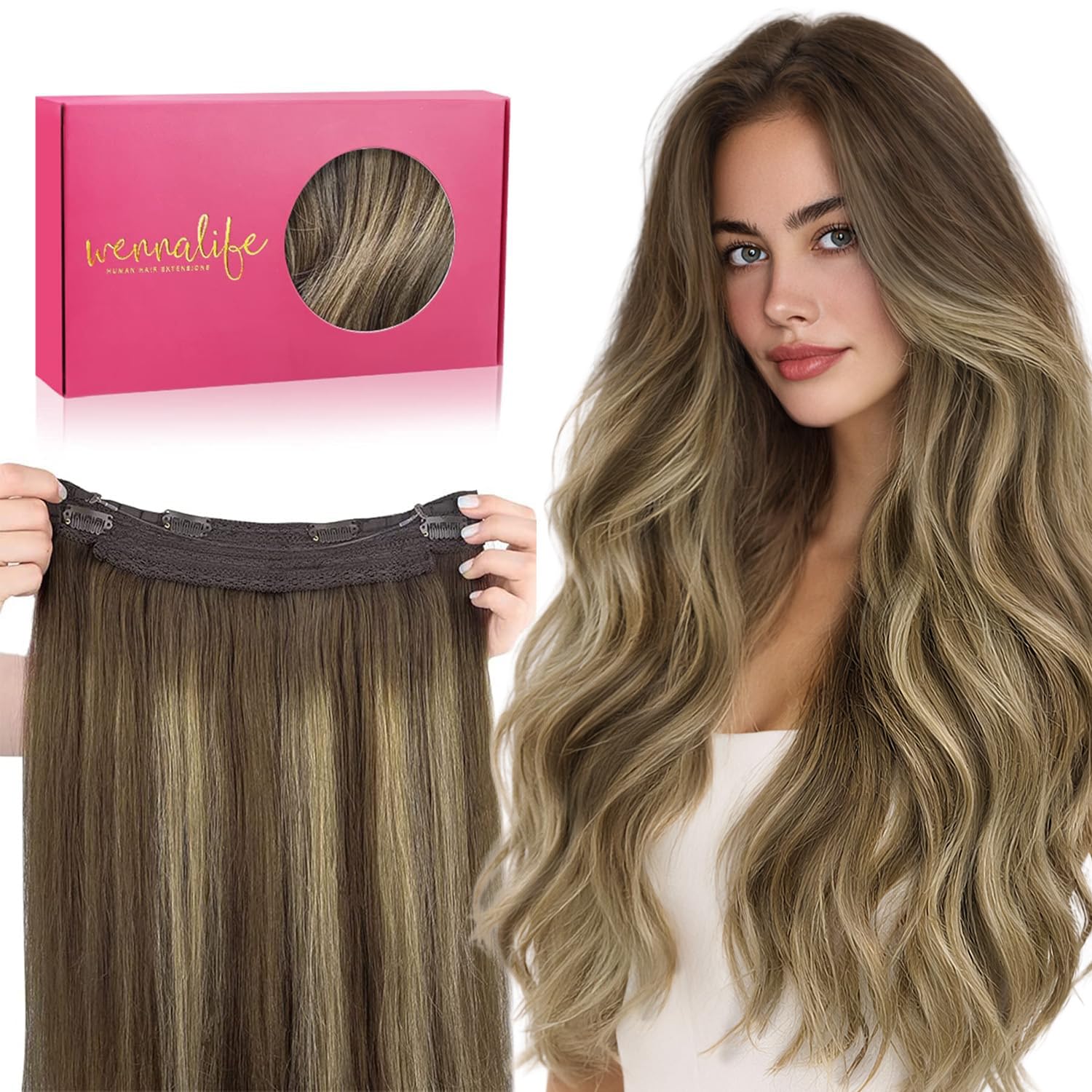 WENNALIFE Wire Hair Extensions (Increase 50% Lifespan) Real Human Hair 14 inch 75g Balayage Dark Brown to Chestnut Remy Invisible Transparent Fish Line — view 41