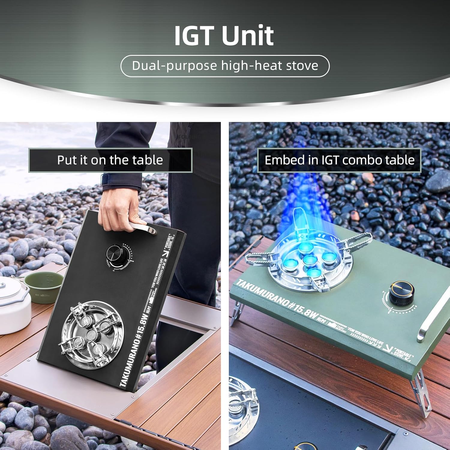 Propane camping stove, Desktop & Embed Folding Gas Stove, Household Gas Stove with Carrying Handle, Outdoor Camping Cooking Stove, 15800W, Green