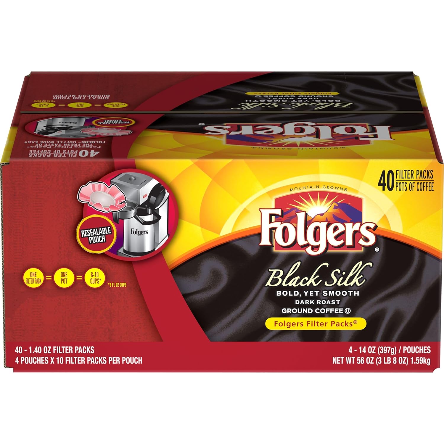 Folgers Black Silk Dark Roast Ground Coffee, 40-1.4 Ounce Filter Packs
