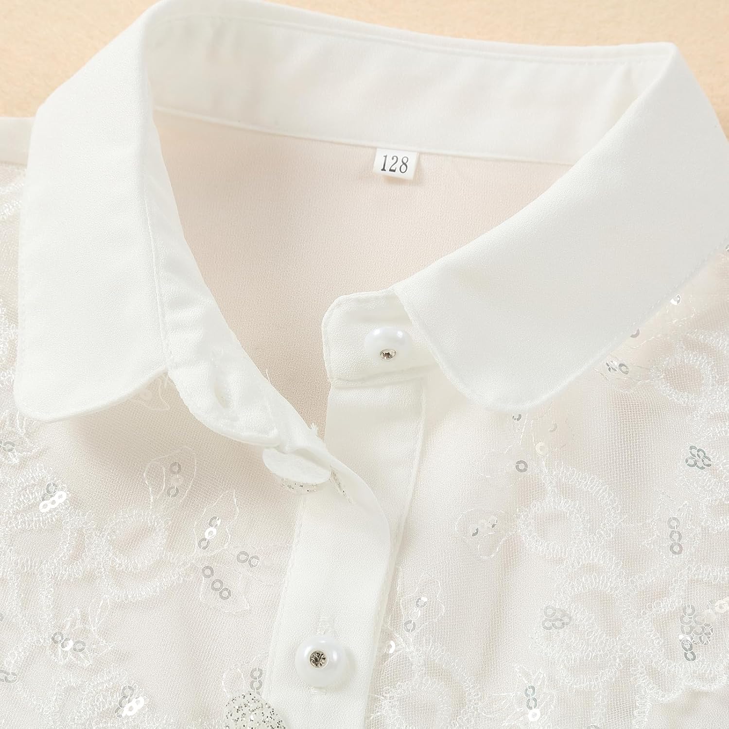 Girls Long Sleeve Shirt Lace Placket Butterfly Embellished Royal Style White Button Blouse
