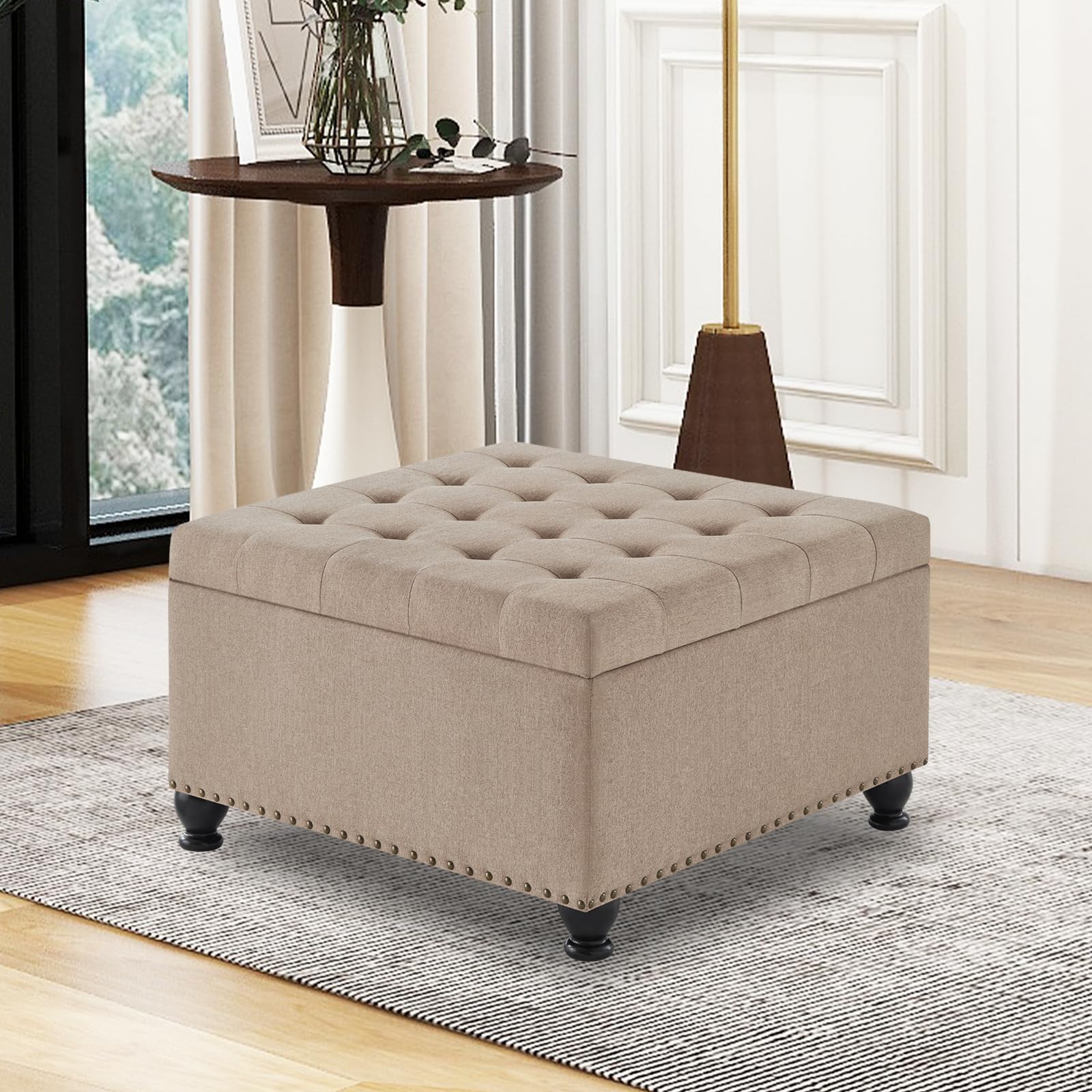 AOPNOMU Square Ottoman with Storage, Large Square Ottoman with Wooden Legs&Nailhead Trim, Oversized Ottoman for Hallway, Living Room, Bedroom, Office