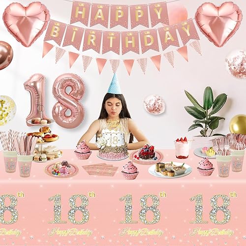 Miniatura 3 de 239 piezas de decoración de fiesta de cumpleaños número 18 de oro rosa para niñas, suministros de feliz cumpleaños 18 de oro rosa, juego de vajilla,