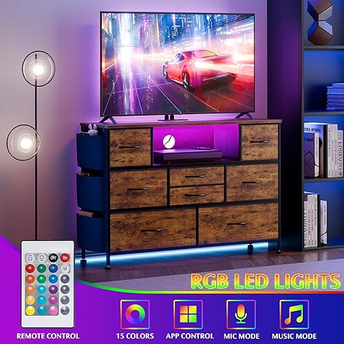 Miniatura 6 de Cómoda para dormitorio con 8 cajones, soporte de TV con luces LED, cómoda de tela con bolsillo lateral para sala de estar, entrada, muebles de