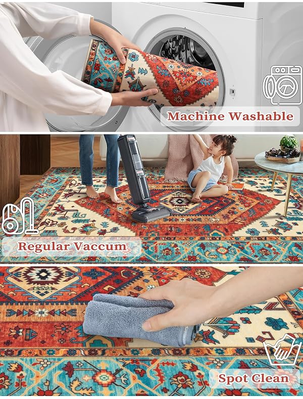SERISSA Boho Kitchen Runner Rug, 3x7 Washable Non-Slip Runner Rug for Hallways Kitchen Rug, Ultra Soft Vintage Orange Print Distressed Tribal Floor Carpet Runner for Bedroom Entryway Laundry Room by SERISSA - Used condition - Image 3