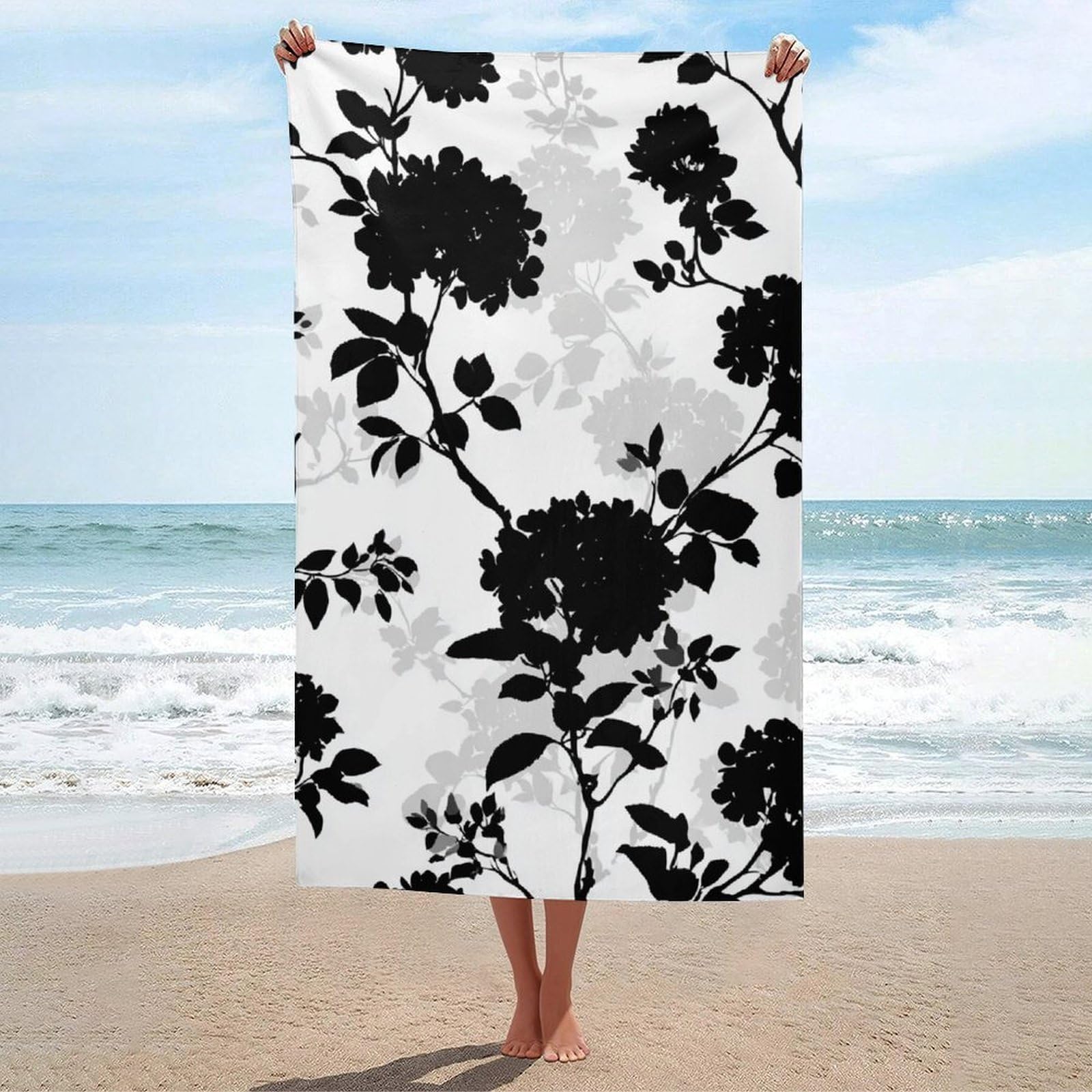 asbwuo Black and White Floral Hydrangea and Rose Silhouette Beach Towel