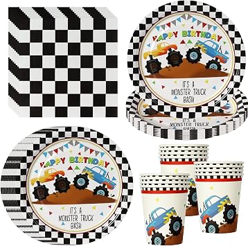 52 Pcs Offroad Monster Truck Party Tableware Set