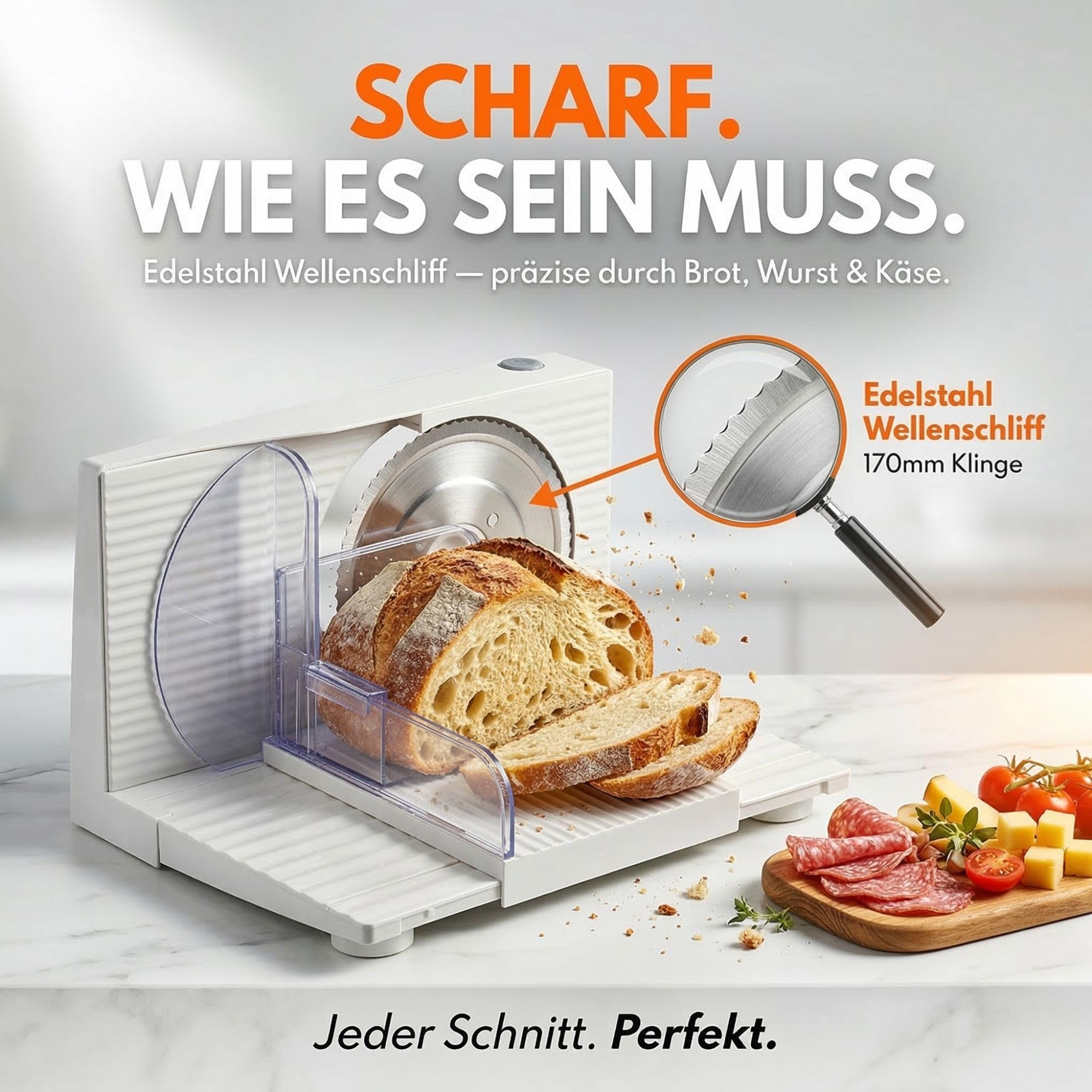 Sommertal Allesschneider AS170 150W Edelstahlmesser klappbar elektrische Brotschneidemaschine weiß 0-15mm