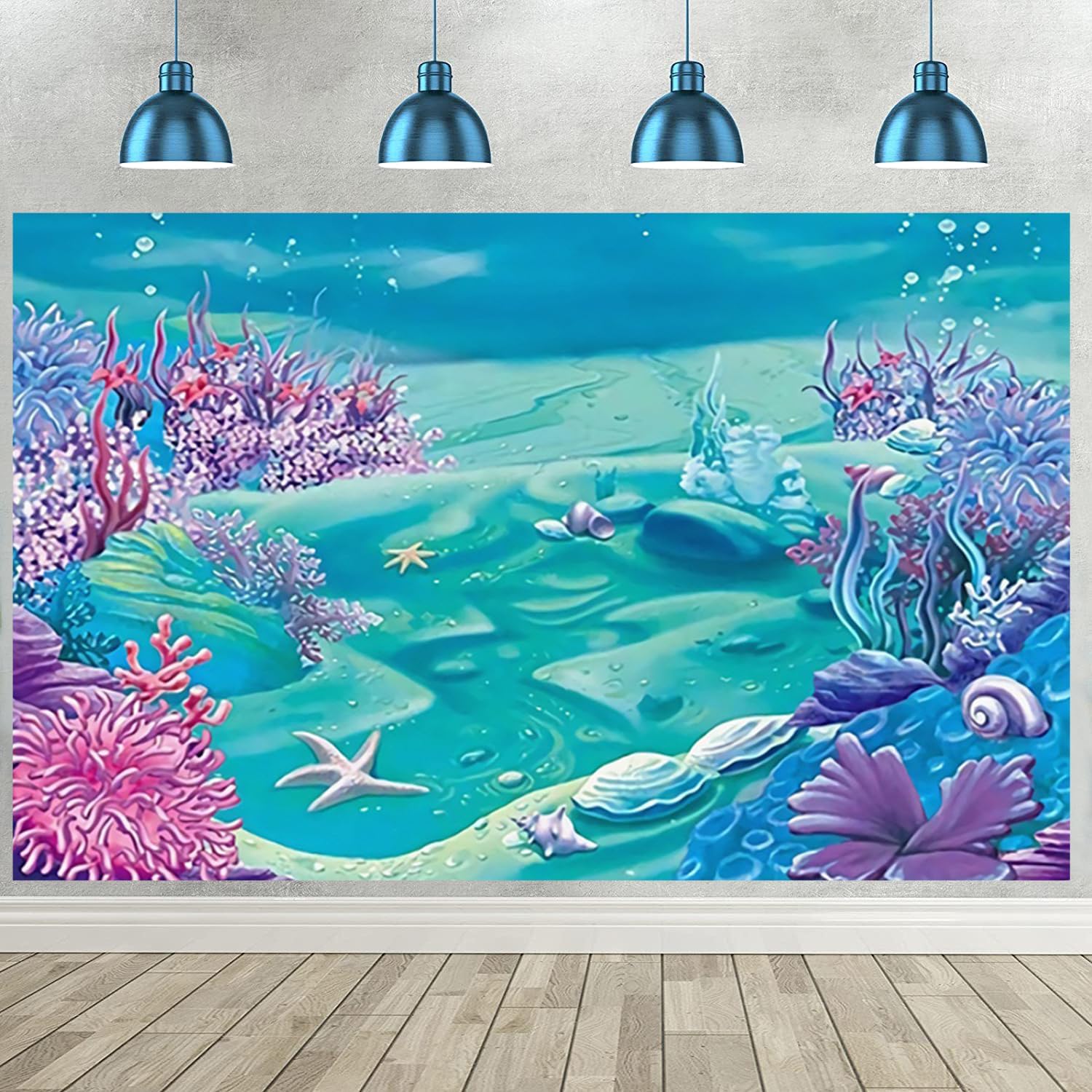 5x3FT Under The Sea Backdrop Deep Blue Sea Castle Shell Photography Background Little Mermaid Princess Girl Birthday Party Baby Shower Decorations Banner Photo Booth Props