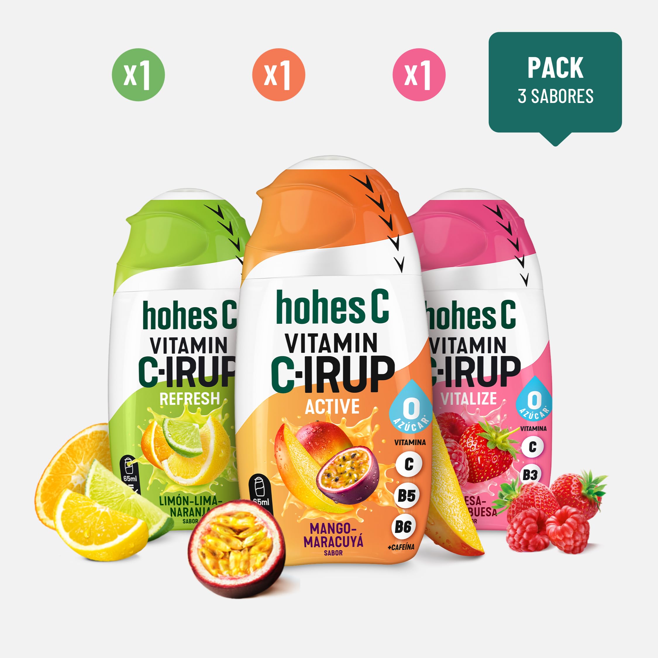 hohes C Vitamin C-IRUP Pack Mixto Active- Vitalize- Refresh, Sirope de Sabor a fruta sin Azúcar y enriquecido con vitaminas- 3 x 65 ml para aprox 24 litros