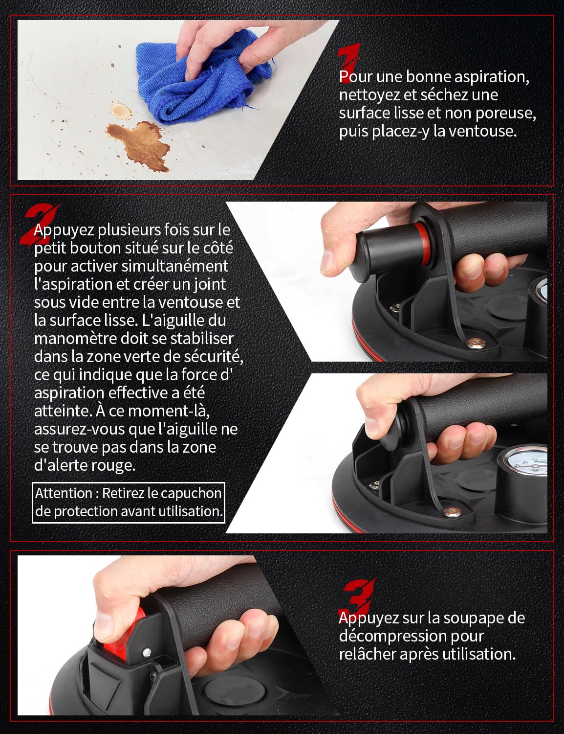 2 x Ventouse Carrelage avec Manomètre, Ventouse Vitre Professionnelle, Charge Max 200 kg/pièce, VentousePare Brise pour Verre, Carreaux, Marbre, Meubles, Plaques, Diamètre 200mm avec Boîte