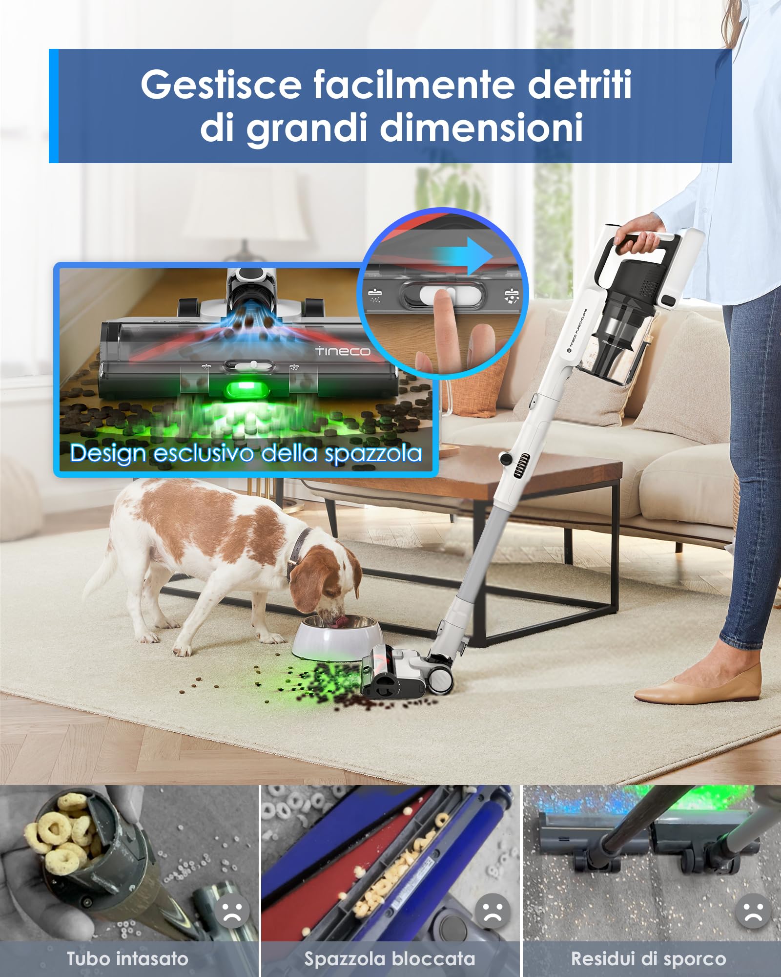 Tineco Pure One A50S Plus Aspirapolvere Senza Fili, 185W di Potenza di Aspirazione, 70 Minuti di Autonomia, Serbatoio Polvere da 1L, Spazzola 3DSense, Gestisce Facilmente Sporco di Grandi Dimensioni