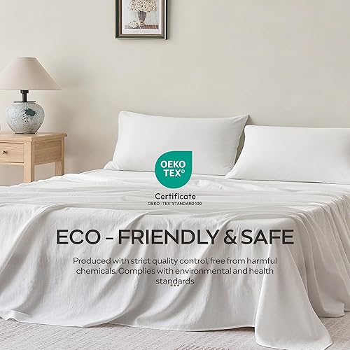 Miniatura 7 de JELLYMONI Juego de sábanas tamaño King, 4 piezas, algodón blanco crema, de fácil ajuste, 16 pulgadas de profundidad, 100% algodón lavado, suave y