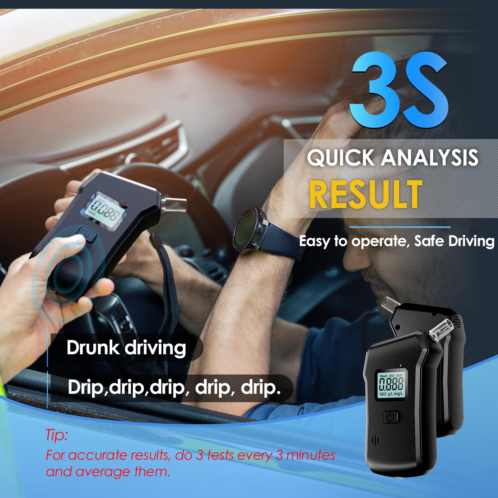 TONOS Ethylotest Electronique, Ethylotest, Ethylotest Electronique Homologué NF Avec Affichage Numérique LCD Bleu, Alcotest Professionnel Pour Un Usage Domestique Ave 20 Embouchures