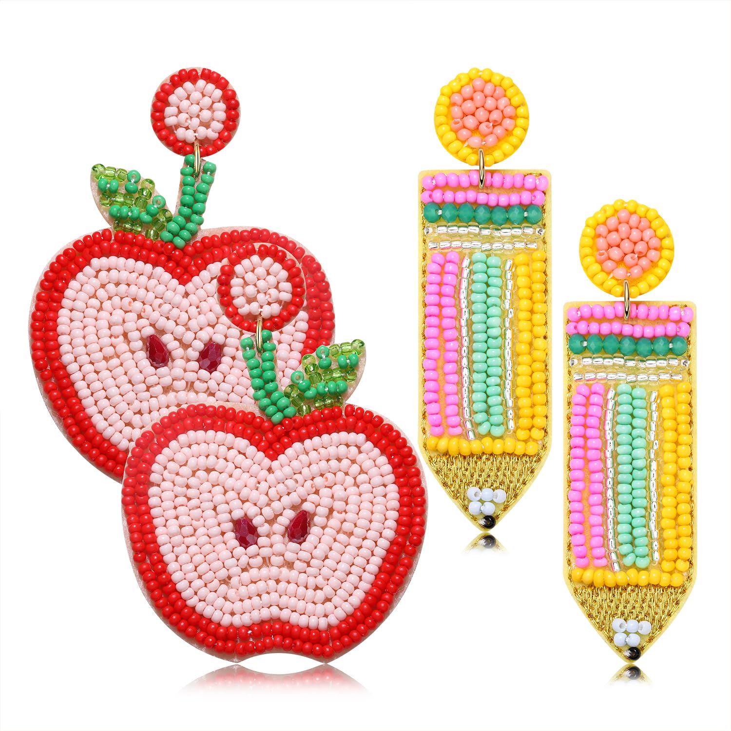 HZEYN 2 Pairs Teacher Earrings for Women Beaded Apple Pencil Drop Dangle Earrings Funny Back To School Jewelry Gifts for Teacher Appreciation