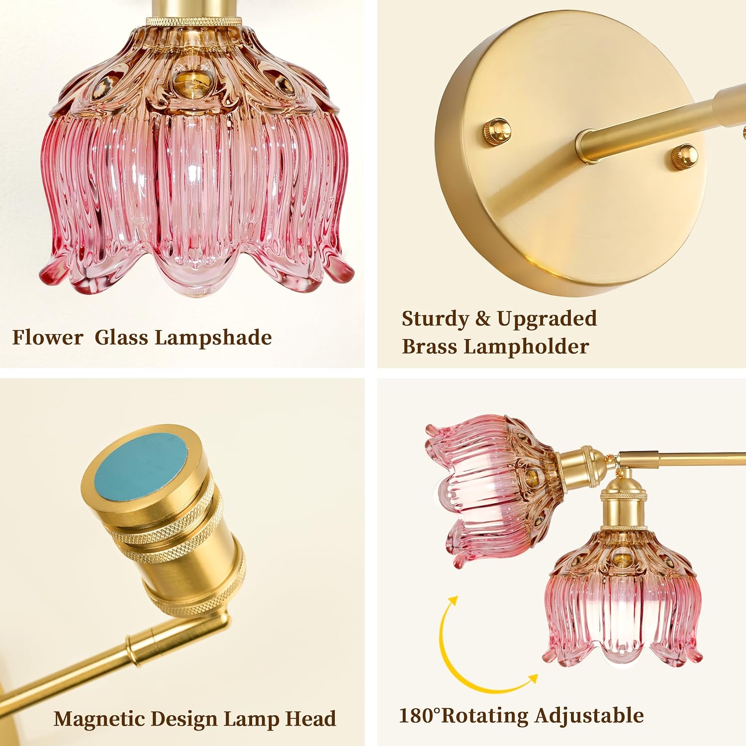 Vintage Battery Wall Sconce with Flower lampshade,Rechargeable Battery Powered Wall Lights,Wall lamp with 15 Colors for Bedroom Living Room Home Decor (Flower Pink, 2 Light Battery Operated)