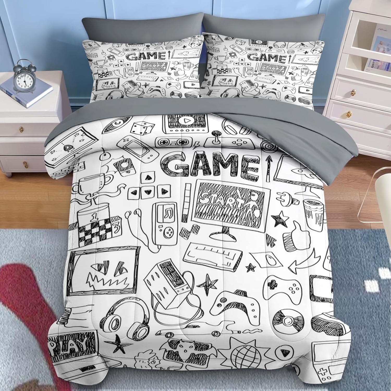 Nesker 7 Pcs Comforter Set Queen Size, Computer Games Doodles Bedding for Kids Teen, Gamer Gaming Black with Fitted Sheet 2 Pillowcases & 2 Shams for Bedroom Bed Decor - Image 3
