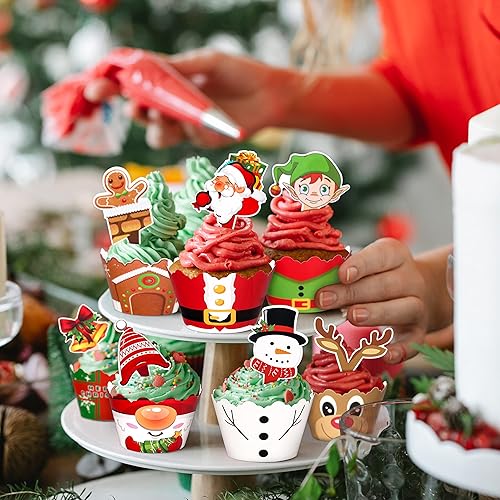 Miniatura 3 de 128 piezas de adornos navideños para cupcakes, suministros de fiesta, regalos de muñeco de nieve, Papá Noel, reno, elfo, gnomo, pan de jengibre