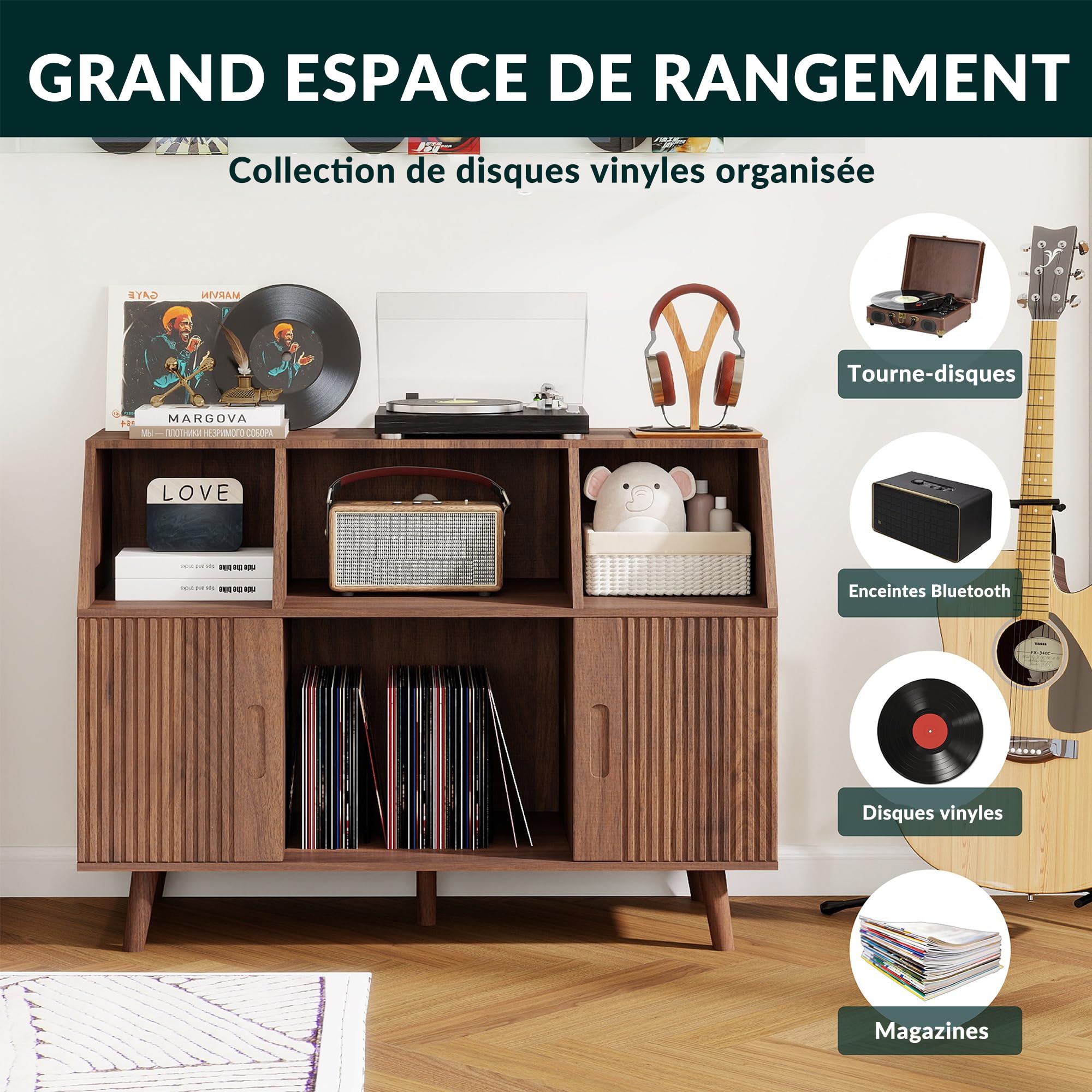 Meuble Platine Vinyle avec Rangement Bois, Meuble de Rangement Vinyle et Tourne Disque, Grande Table Tourne-Disque, Jusqu’à 350 Rétro pour Salon, Chambre ou Bureau