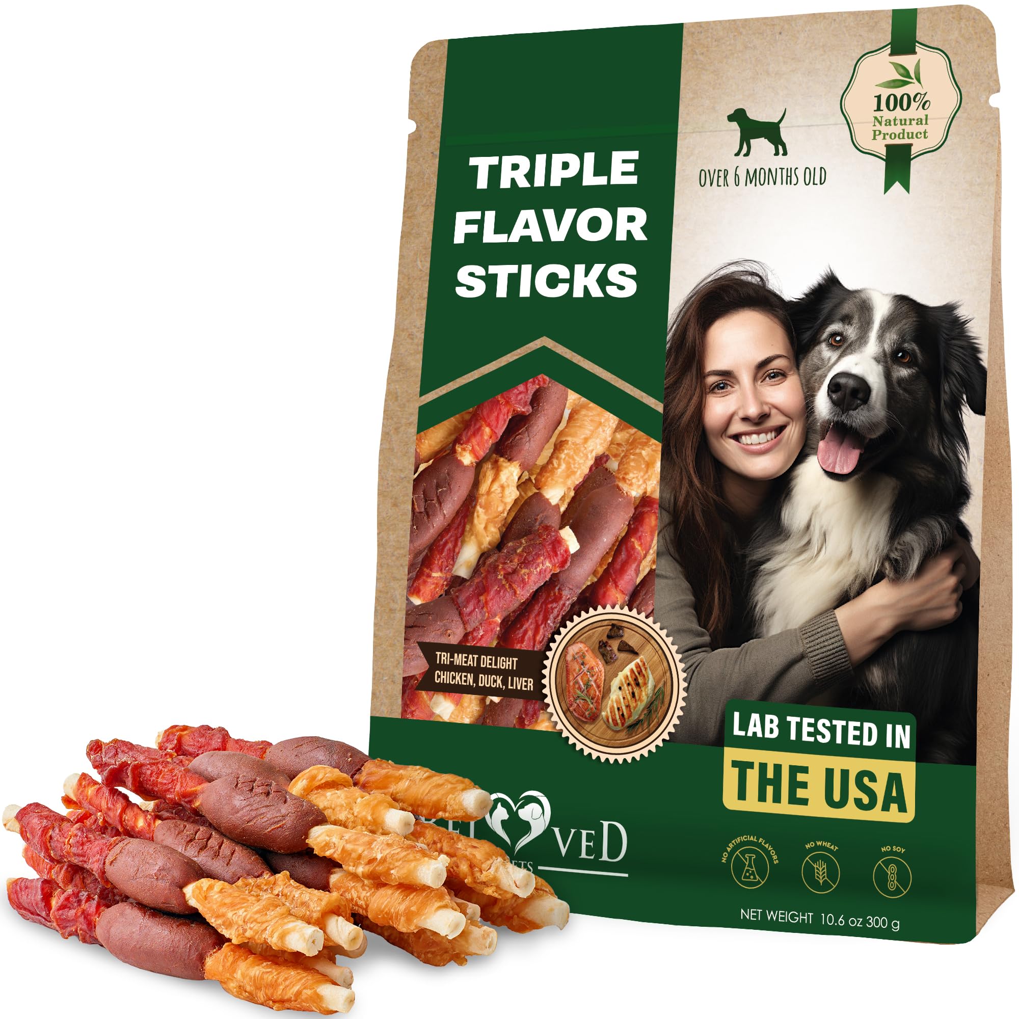 Dog Treats Rawhide Triple Flavor Twists Stiks with Duck & Chicken Human Grade Meat 300 Gr - Natural Pet Dried Snacks - Grain Free Long Lasting Chews for Large & Small Dogs - Best for Healthy Teeth