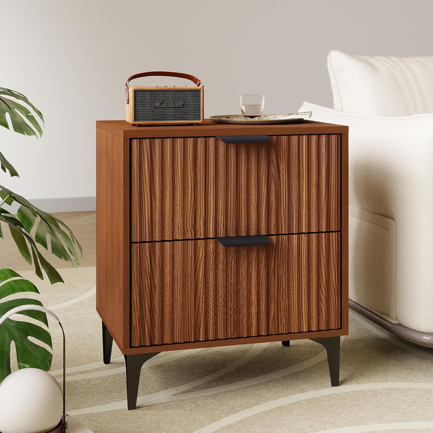 Wood Night Stand Set 2 Fluted Dresser for Bedroom 2 Drawers End Tables Nightstands Set of 2, Storage Modern Bedside Table Set of 2, Walnut Nightstand