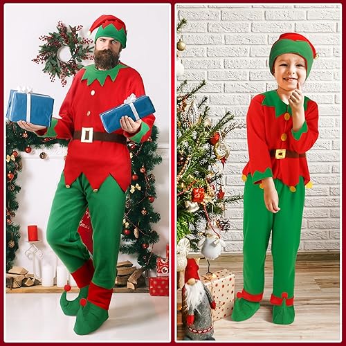 Miniatura 3 de Newcotte Disfraz de elfo de Navidad para niños y adultos, disfraz de elfo, sombrero de elfo, vestido de Papá Noel, calcetín y cinturón
