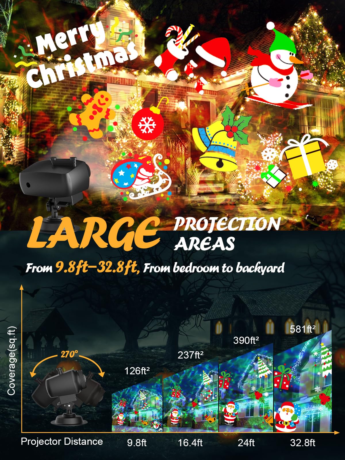 Anysun Projektor Weihnachten Aussen, Schneeflocken Projektor Aussen mit 10 HD-Dias & 80 Cartoon-Motiven, Weihnachtsprojektor Outdoor mit Timer, Lichtprojektor Garten mit Fernbedienung für Dekoration