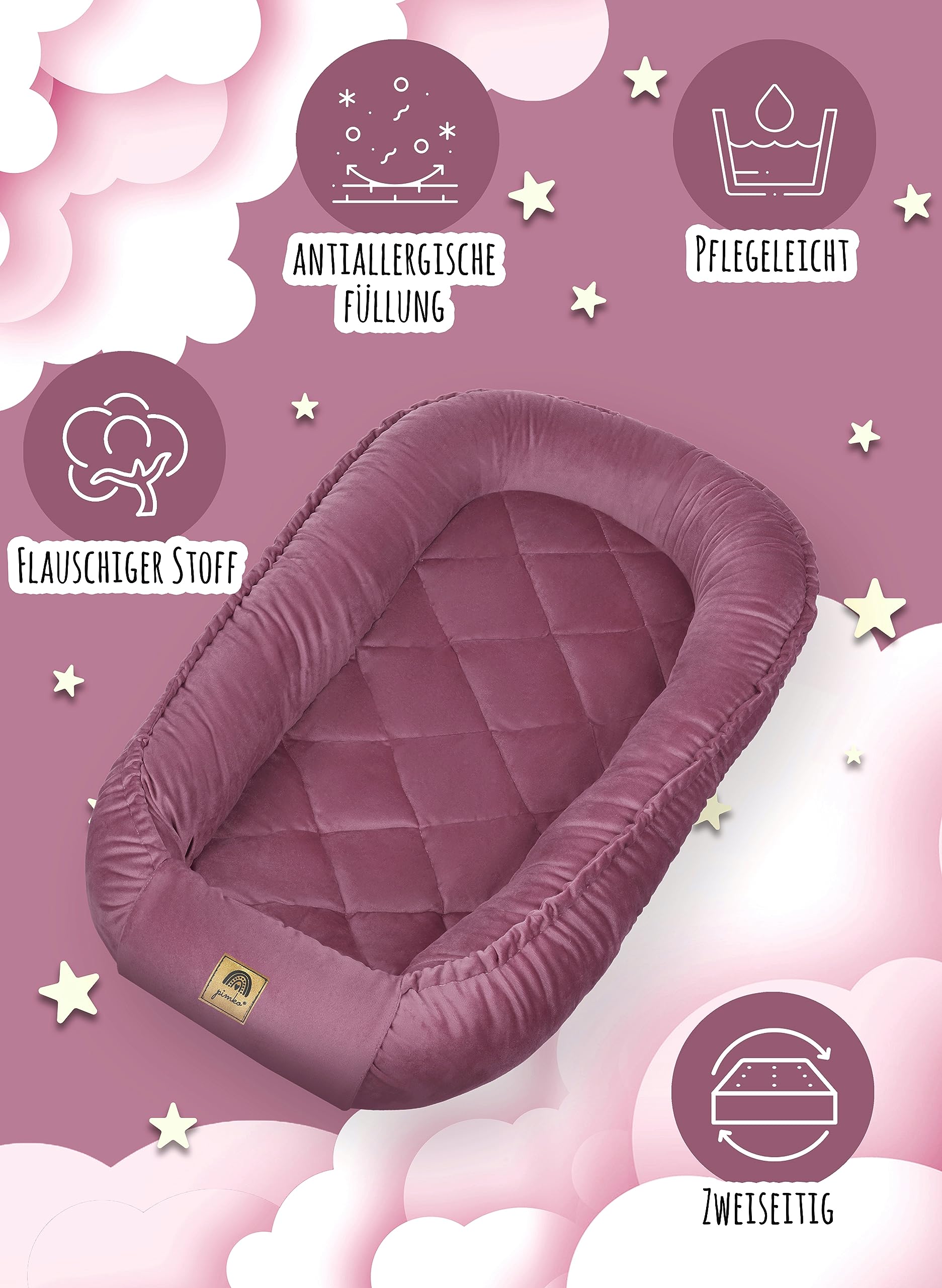 PIMKO Nid multifonctionnel réversible pour bébé, nid douillet, cocon pour bébé, nid antiallergique pour nouveau-né, cocon 60 x 90 cm, peluche douce, vert (Sunset Pink)